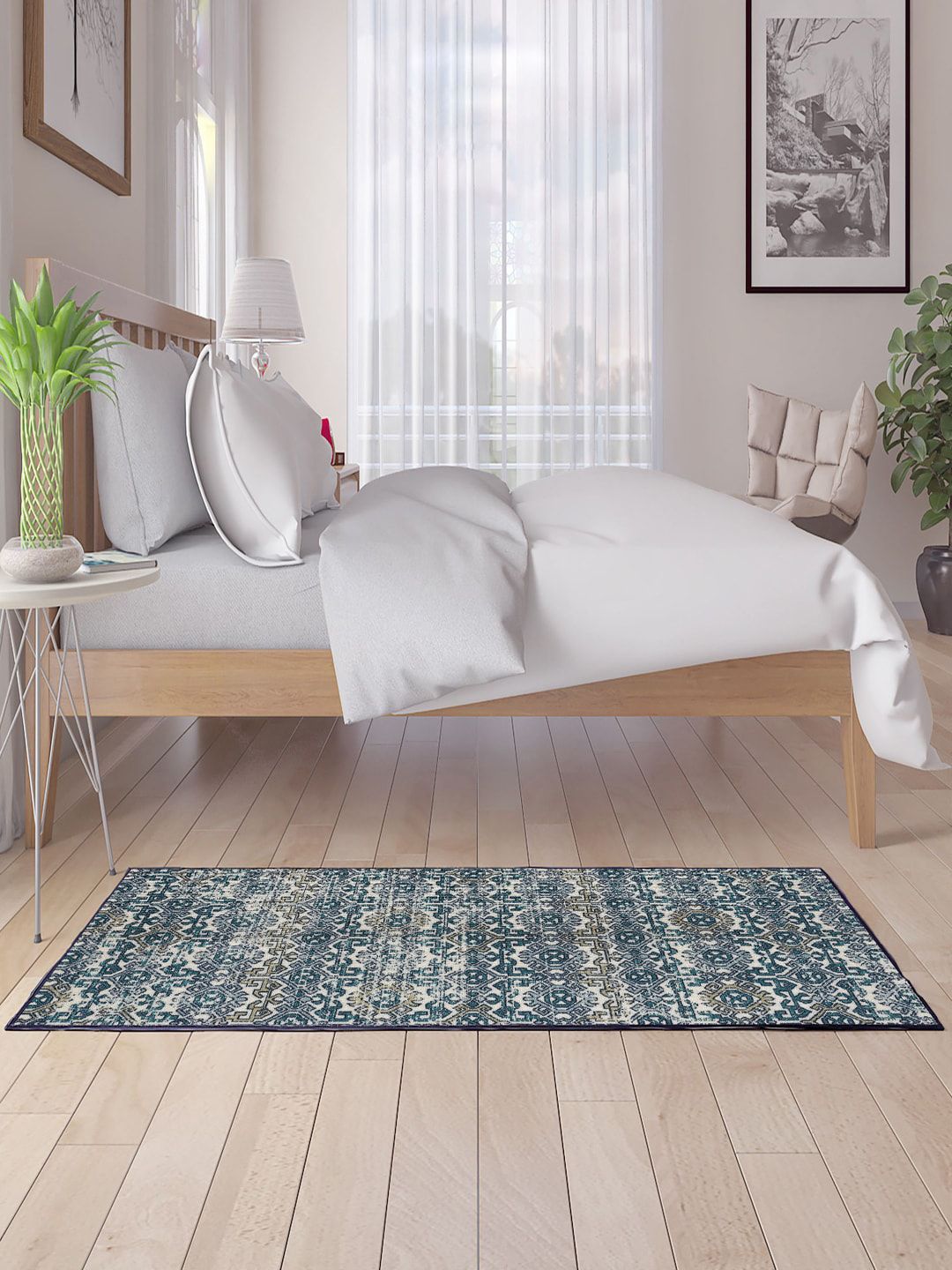 Status Blue & Beige Geometric Printed Bed Runner Price in India