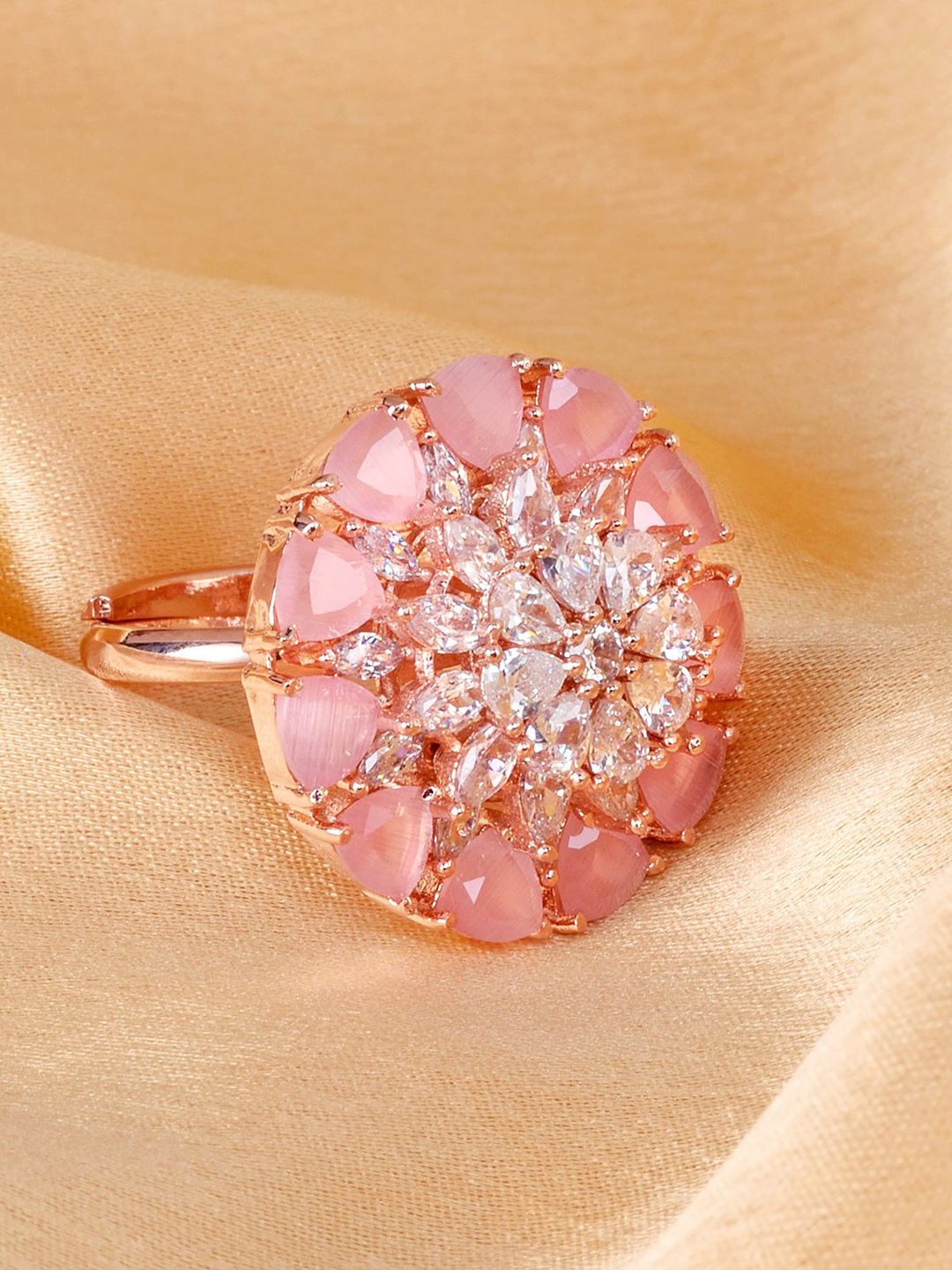 Saraf RS Jewellery Rose Gold-Plated Pink & White AD & CZ-Studded Handcrafted Adjustable Finger Ring Price in India