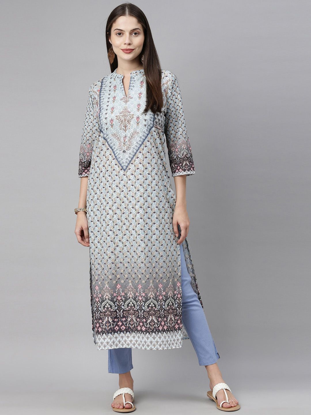 Neerus Women Blue & Brown Ethnic Motifs Embroidered Thread Work Straight Cotton Kurta