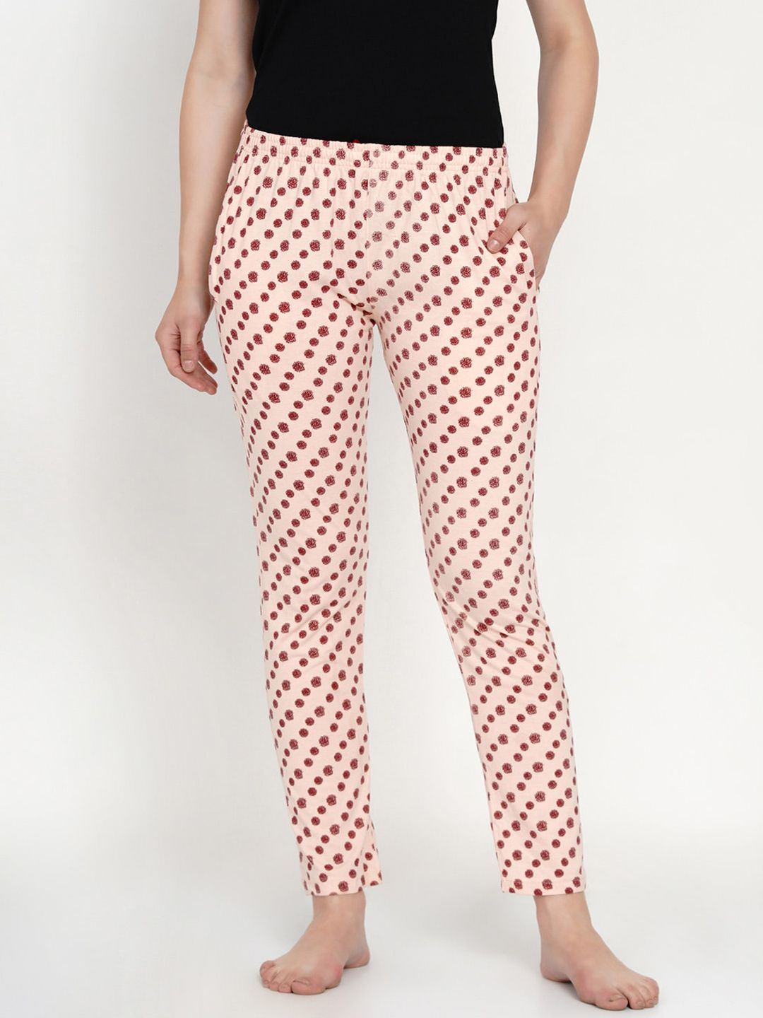 FABNEST Women Peach-Coloured & Maroon Floral Printed Lounge Pants Price in India