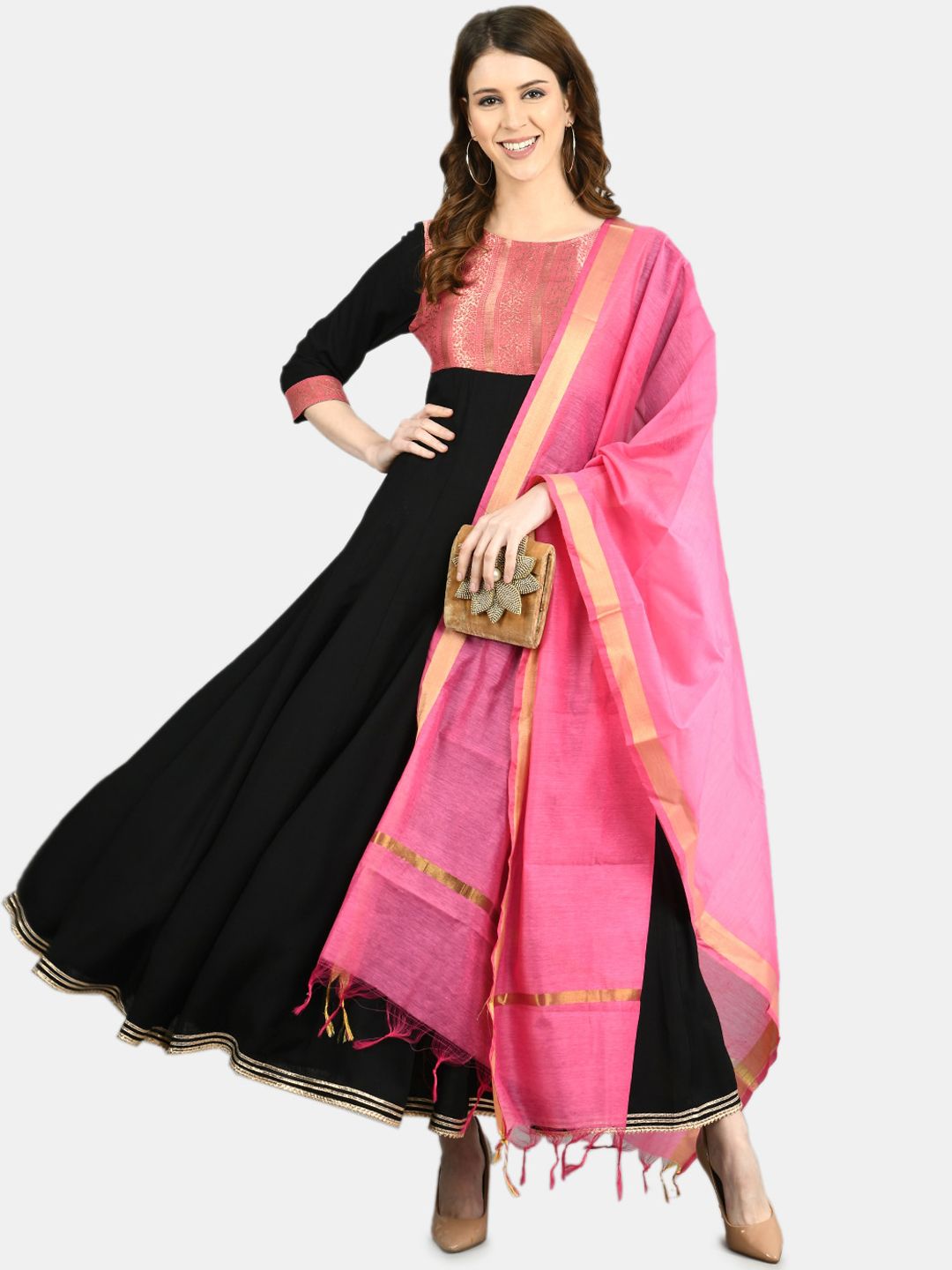 Myshka Women Black & Peach-Coloured Colourblocked Cotton Anarkali Kurta Price in India