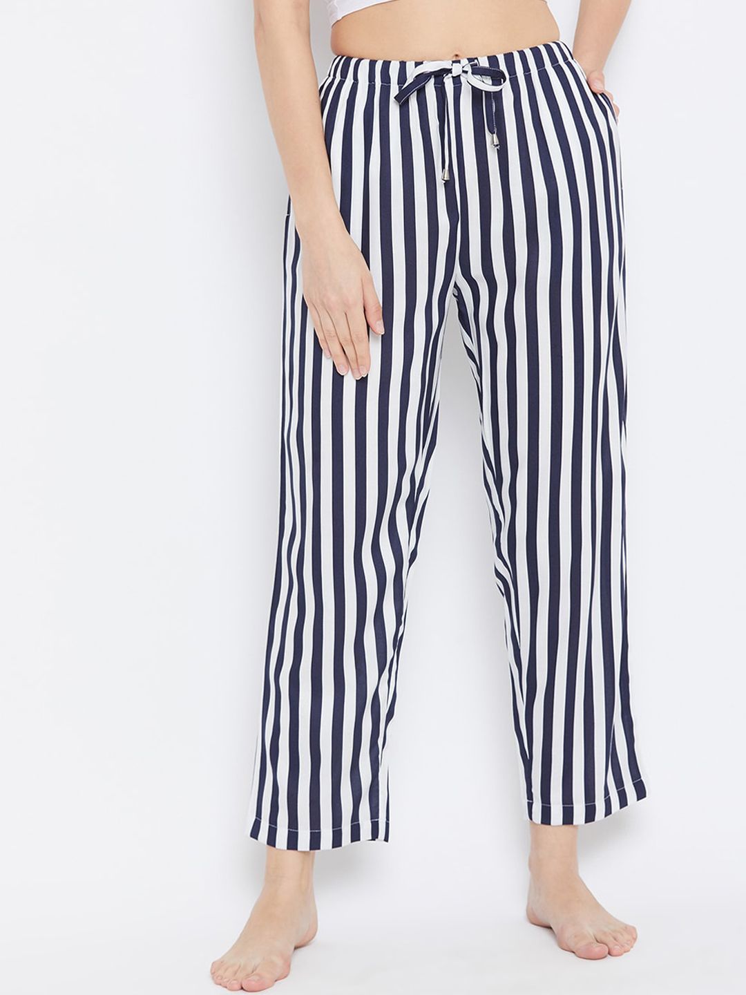 Hypernation Women White & Navy Blue Striped Lounge Pant Price in India