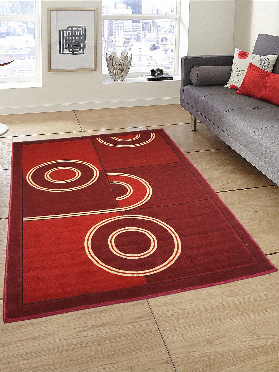 Status Red & Beige Geometric Pattern Anti-Skid Carpet Price in India