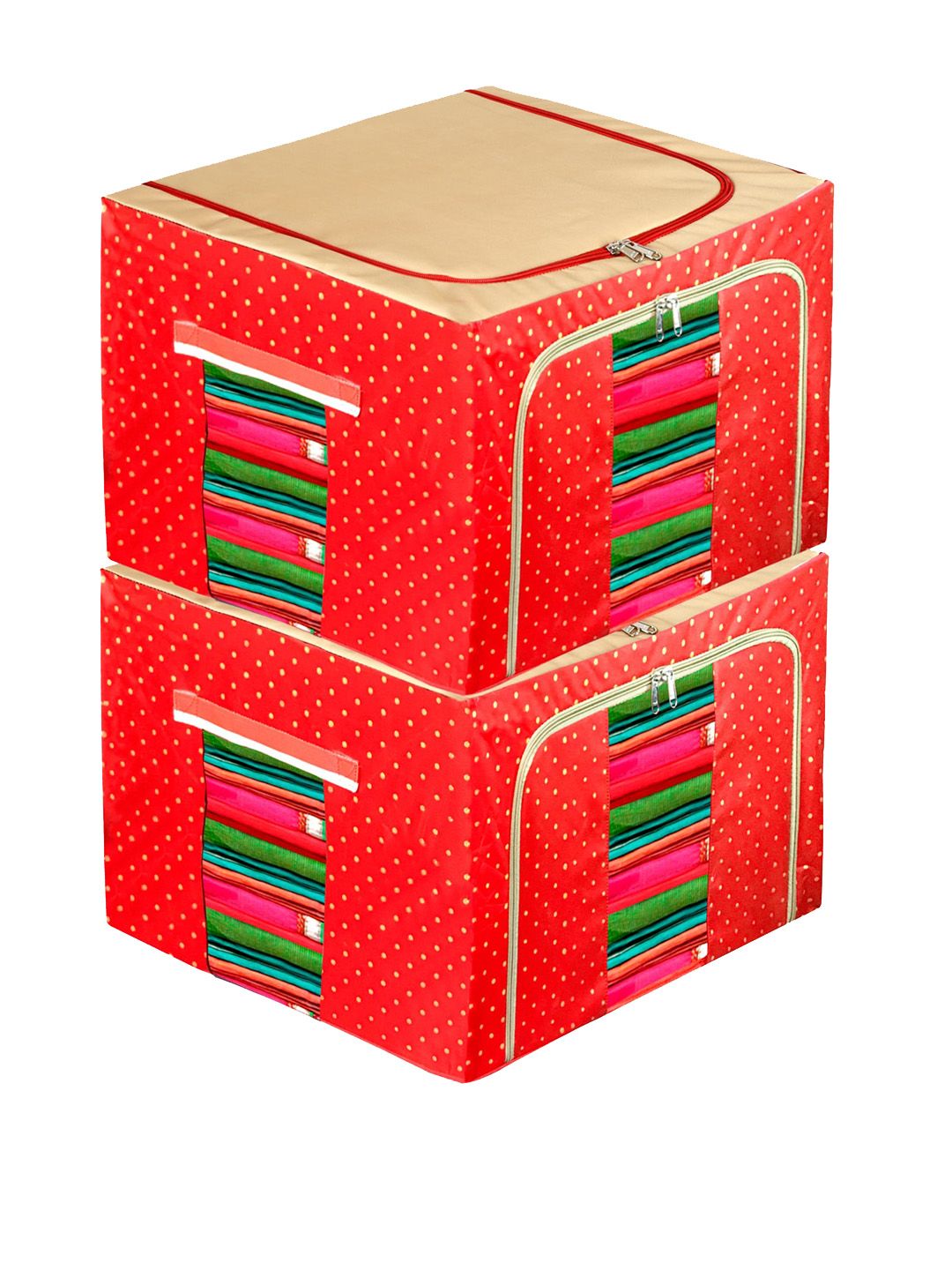 Kuber Industries Set Of 2 Red & Beige Printed Storage Box Organisers With Zip Price in India