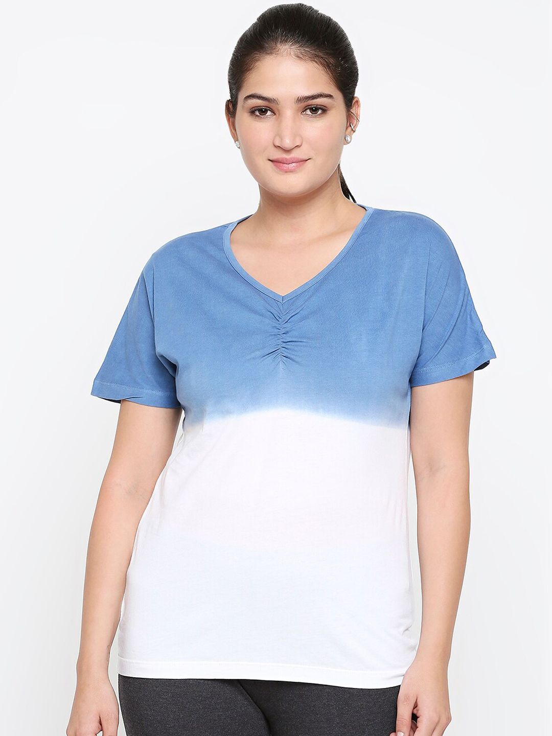 XIN Women Blue & White Dyed Round Neck Pure Cotton Lounge T-shirt Price in India