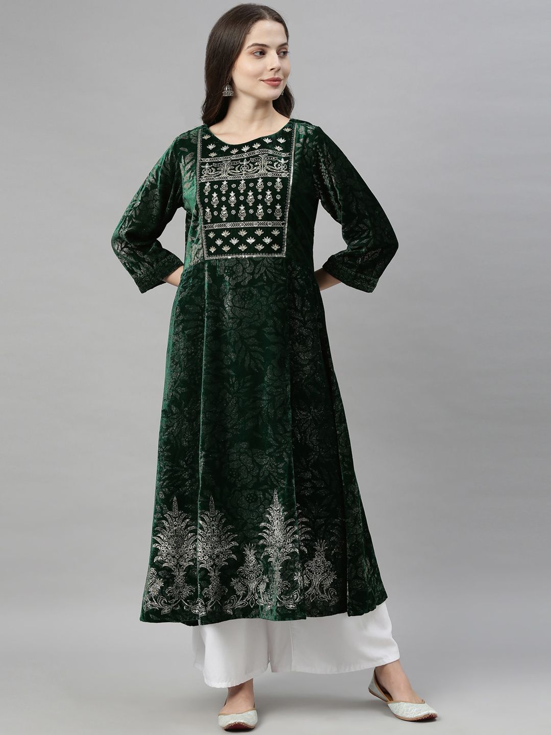 Neerus Women Green & Golden Floral Embroidered Zari Work Floral Velvet A-Line Kurta