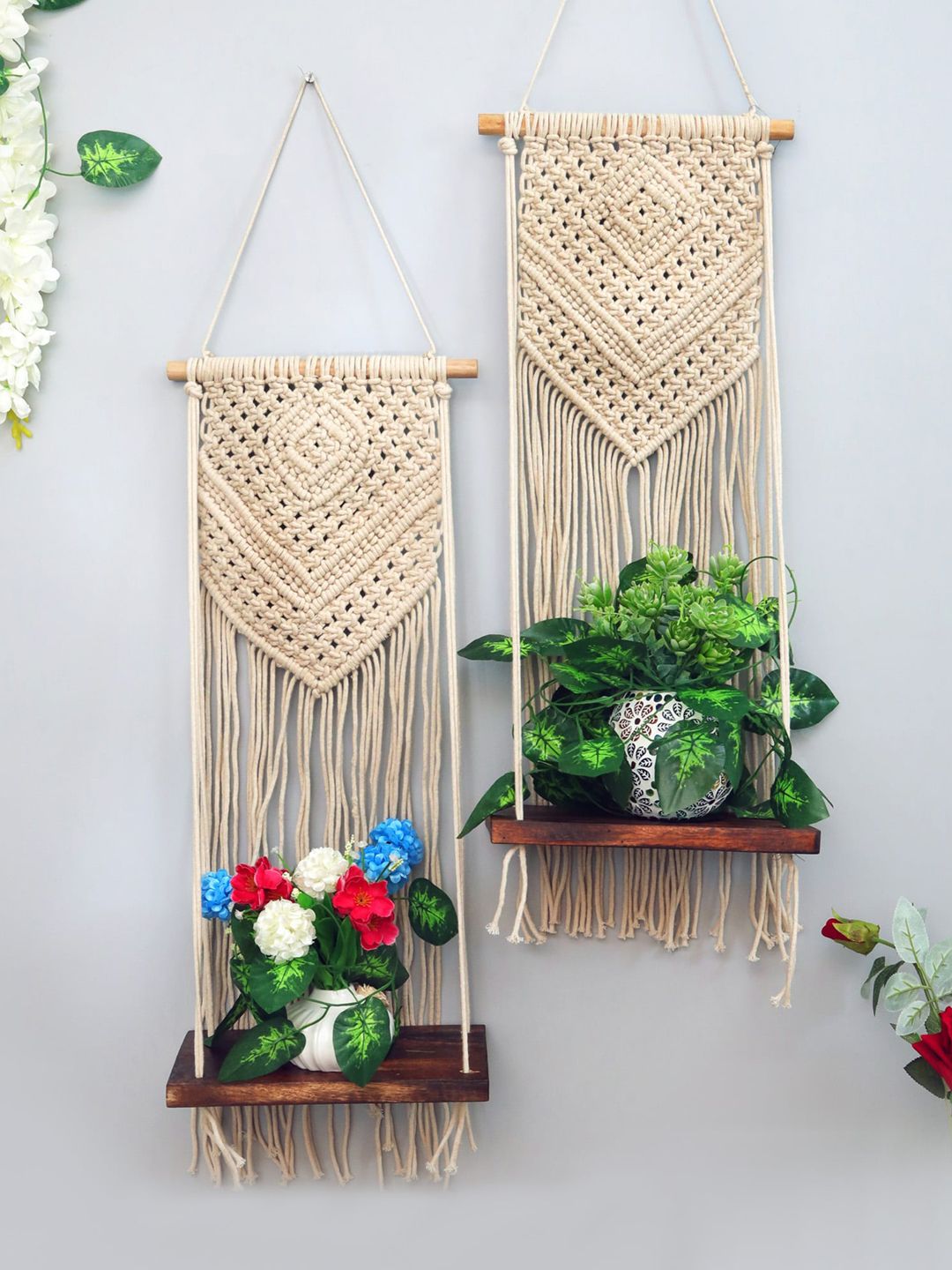 Homesake Set of 2 Beige Solid Hand-Made Macrame Hanging Shelf Wall Decors Price in India