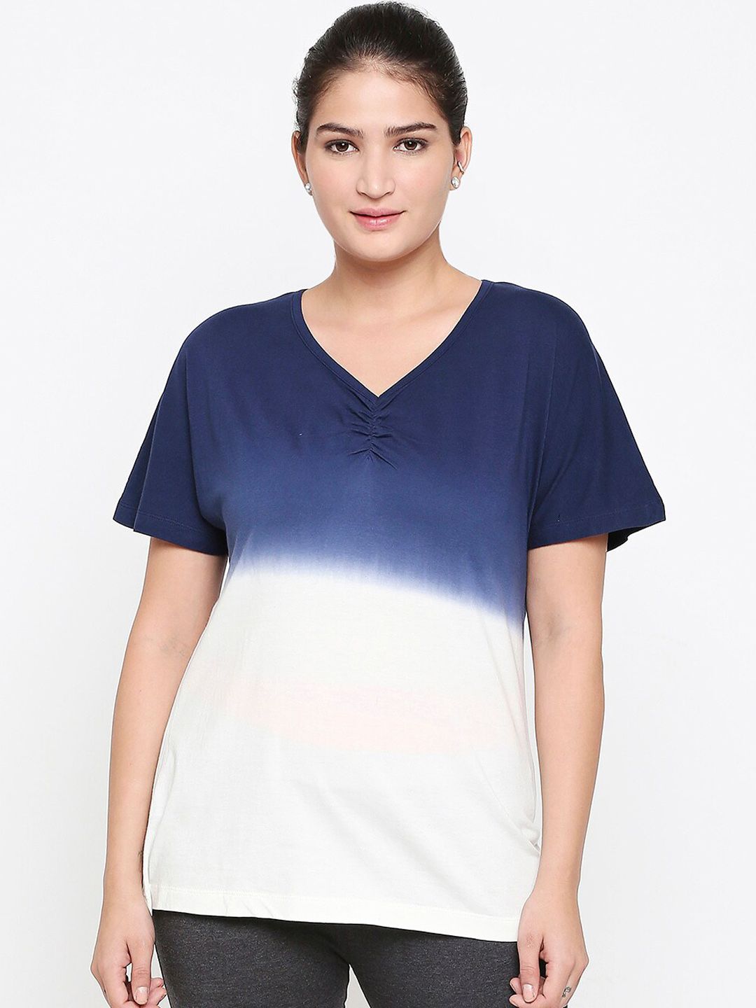 XIN Women Navy Blue & White Dyed Round Neck Pure Cotton Lounge T-shirt Price in India