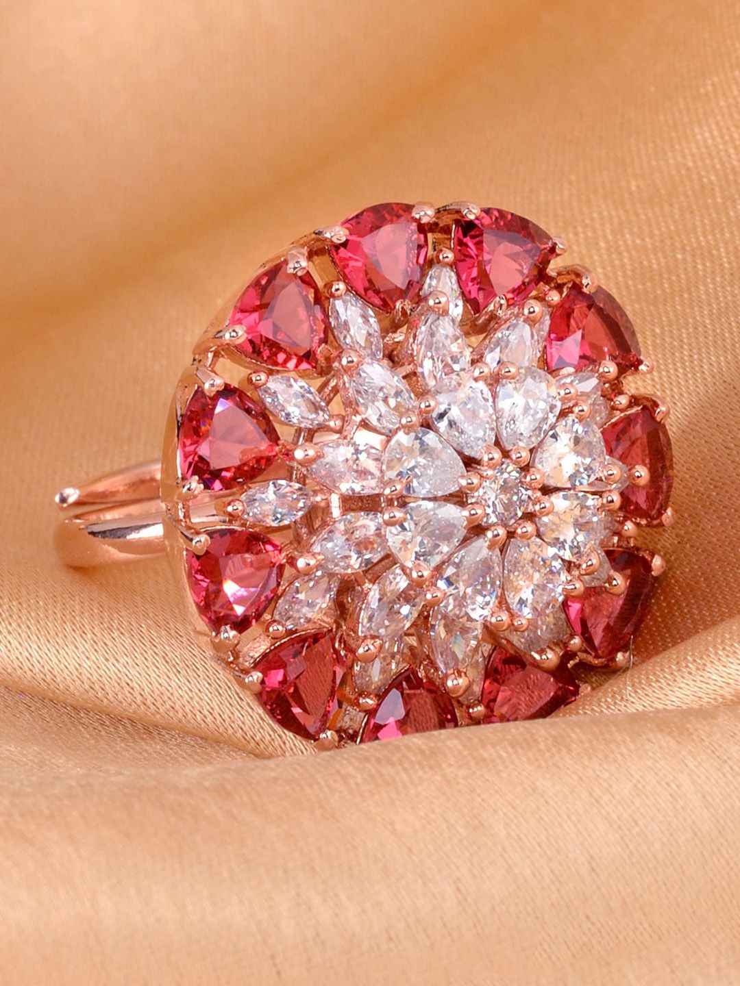 Saraf RS Jewellery Rose Gold-Plated Magenta Pink & White Ruby AD & CZ-Studded Handcrafted Adjustable Ring Price in India