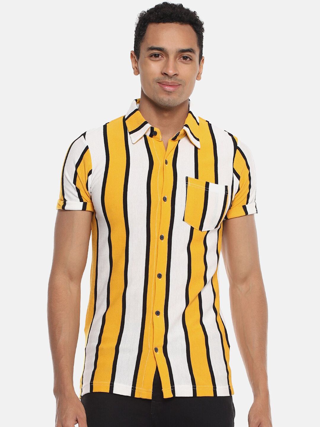 CAHOOT Men Mustard Yellow & White Regular Fit Striped Casual Shirt