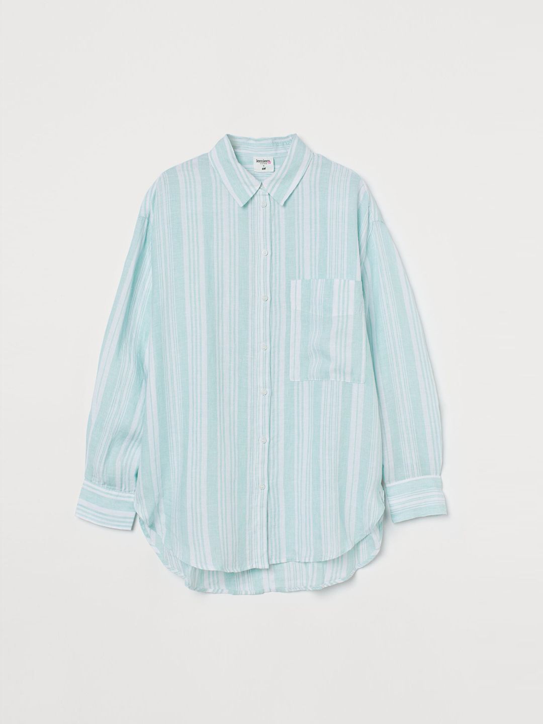 H&M Women Mint Green & White Striped Linen Shirt