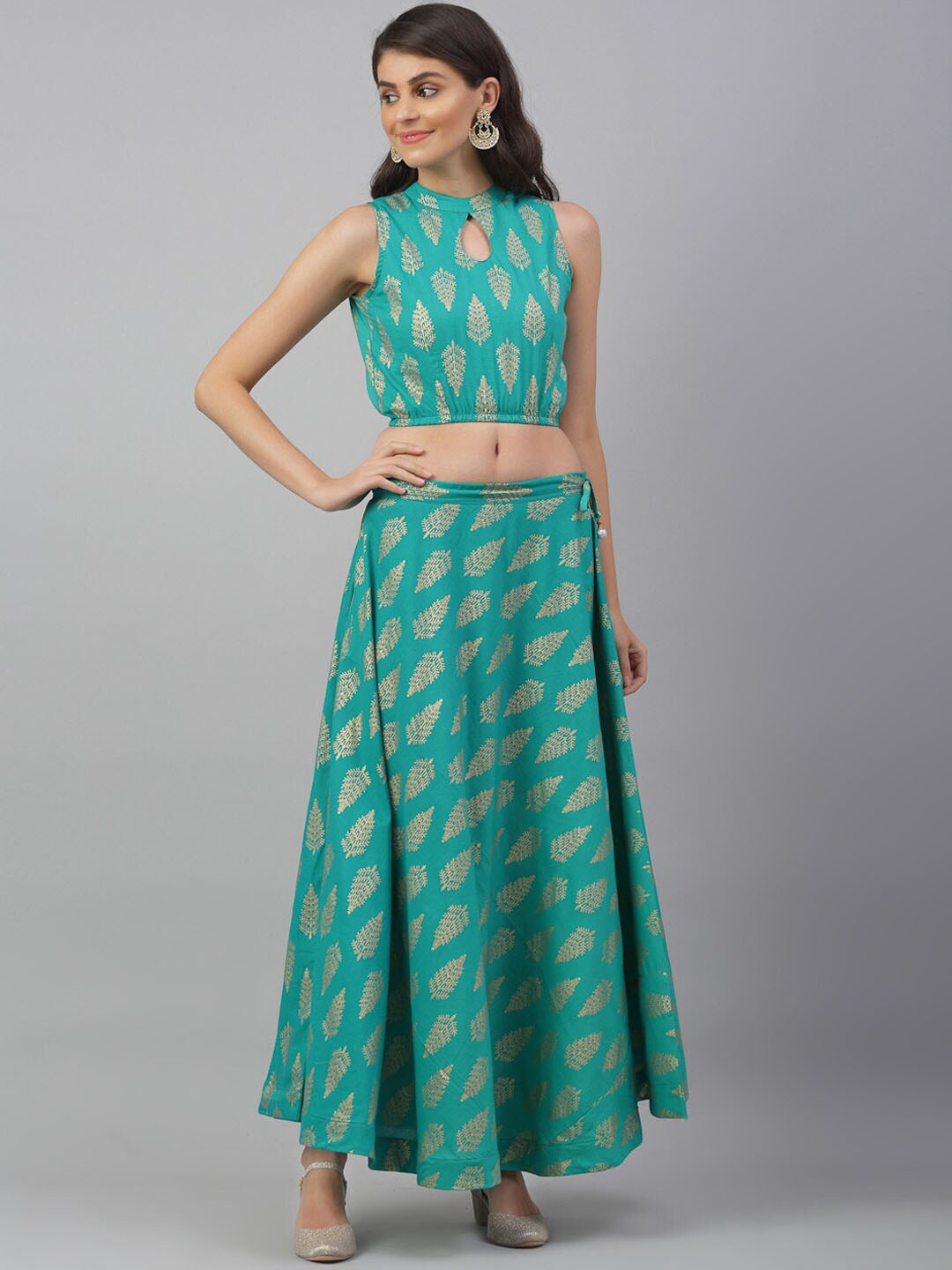 ANAISA Women Teal & Gold-Toned Printed Top with Skirt Price in India