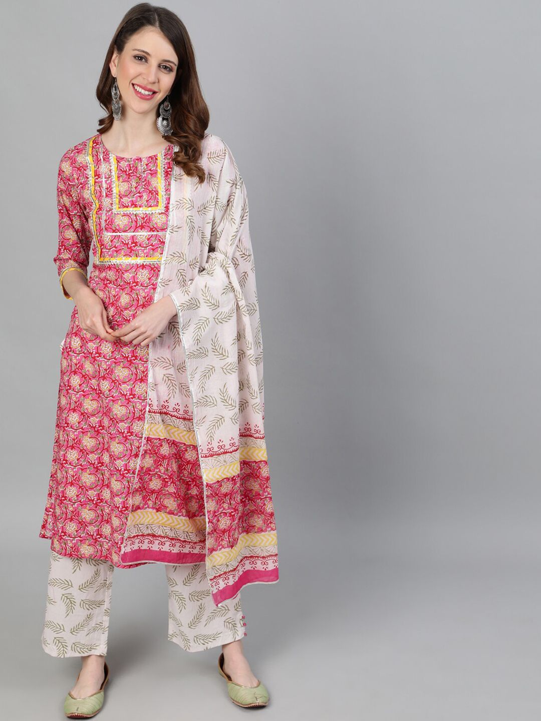 Jaipur Kurti Women Pink & Cream-Coloured Printed Kurta with Trousers & Dupatta Price in India