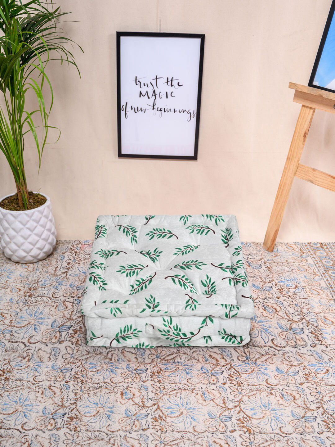 HOSTA HOMES White & Green Digital Printed Velvet Cotton Filled Chair Pad Price in India