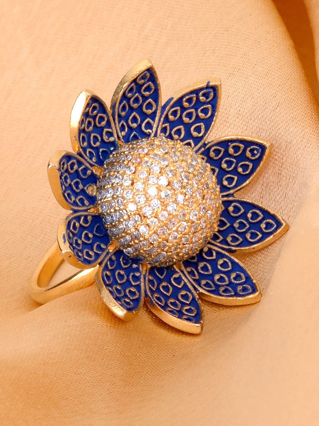 Saraf RS Jewellery Gold-Plated Blue Enamelled White AD & CZ-Studded Handcrafted Adjustable Finger Ring Price in India