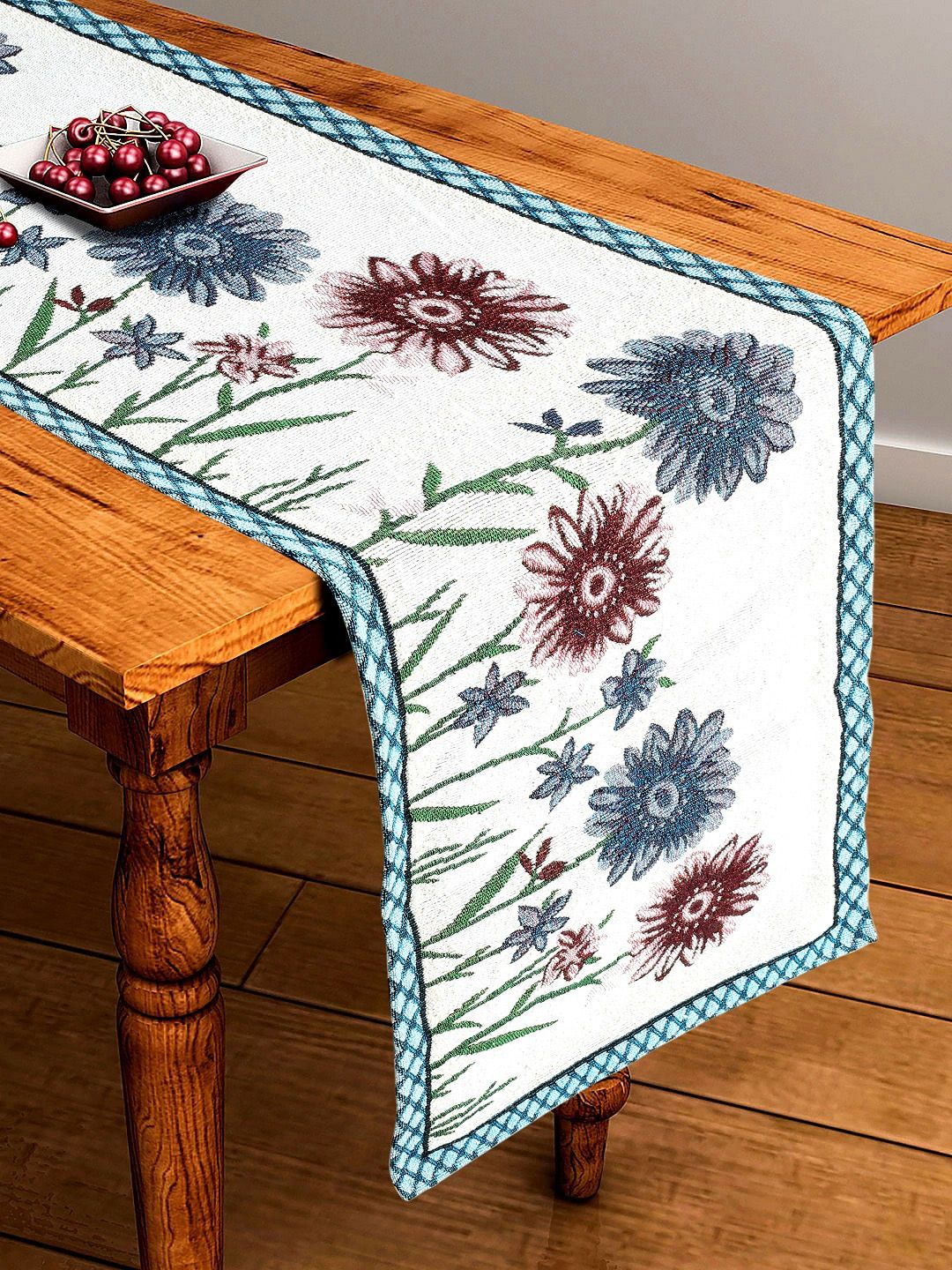 BELLA TRUE Off White & Blue Floral Printed Table Runner Price in India