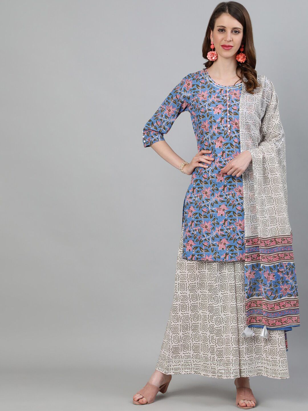 Jaipur Kurti Women Blue & White Printed Kurta with Skirt & Dupatta Price in India