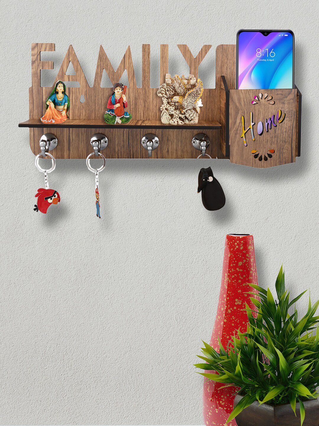 ROMEE Brown Textured Wooden Key Holder With 1 Shelf & 1 Mobile Stand Holder Price in India