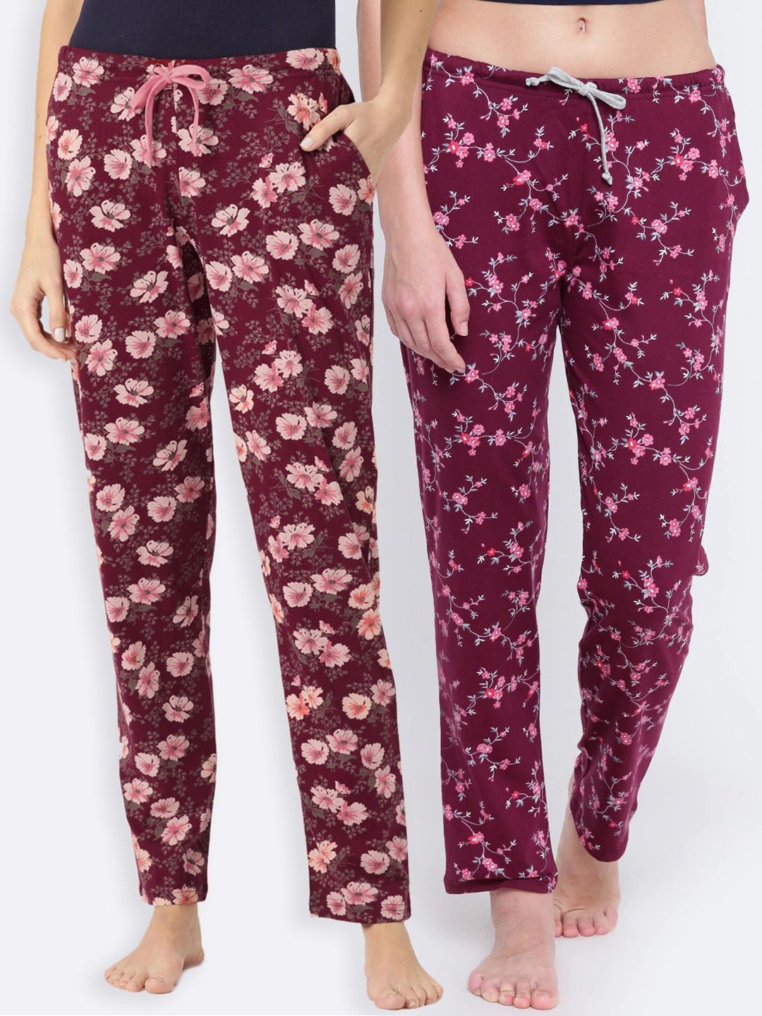 Kanvin Women Pack of 2 Maroon & Pink Floral Print Pure Cotton Lounge Pants Price in India