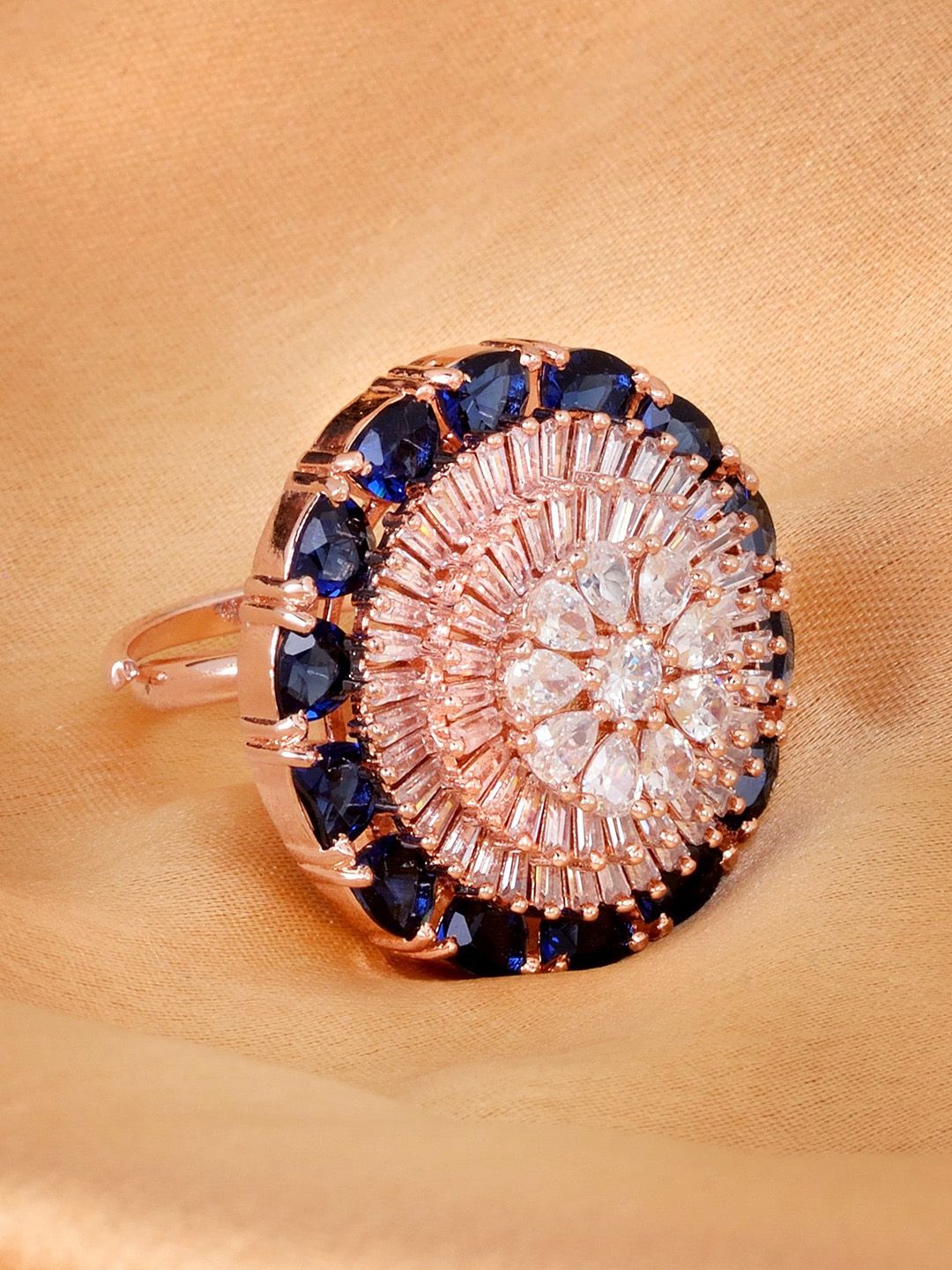 Saraf RS Jewellery Rose Gold-Plated White & Blue CZ-Studded Handcrafted Adjustable Finger Ring Price in India