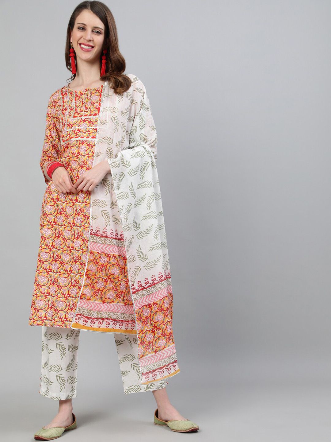 Jaipur Kurti Women Yellow & White Printed Kurta with Trousers & Dupatta Price in India