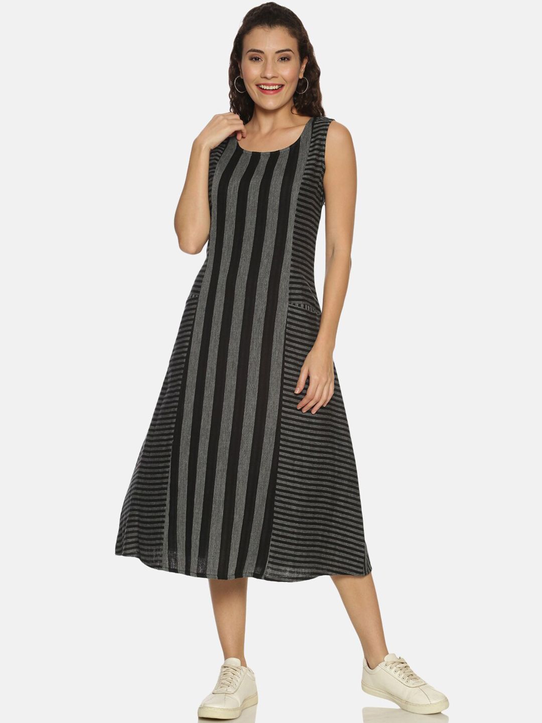 Saffron Threads Women Black Striped A-Line Dress Price in India
