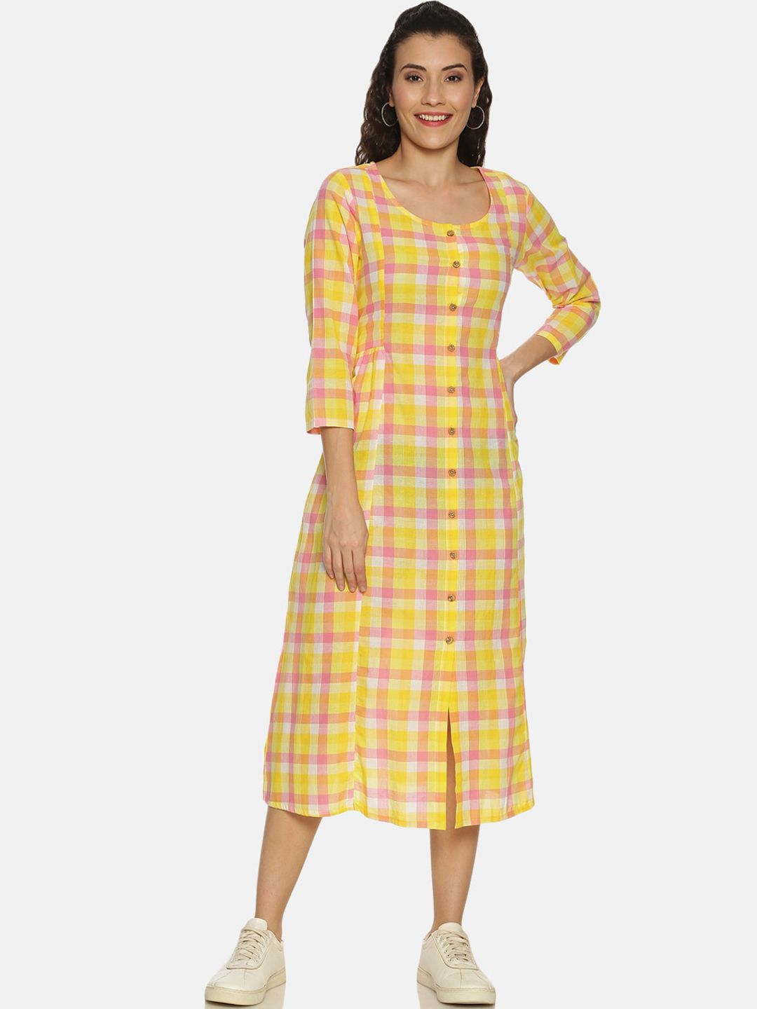 Saffron Threads Women Yellow Checked Cotton A-Line Dress Price in India