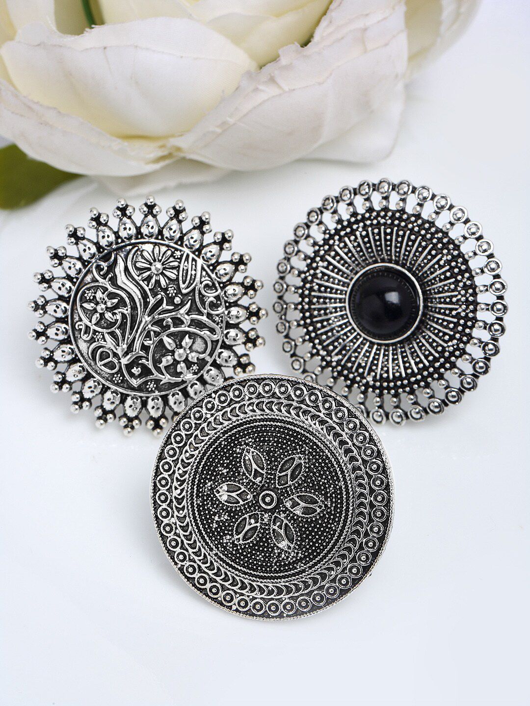 YouBella Set Of 3 Oxidised Silver-Plated Black Stone-Studded Adjustable Finger Ring Price in India