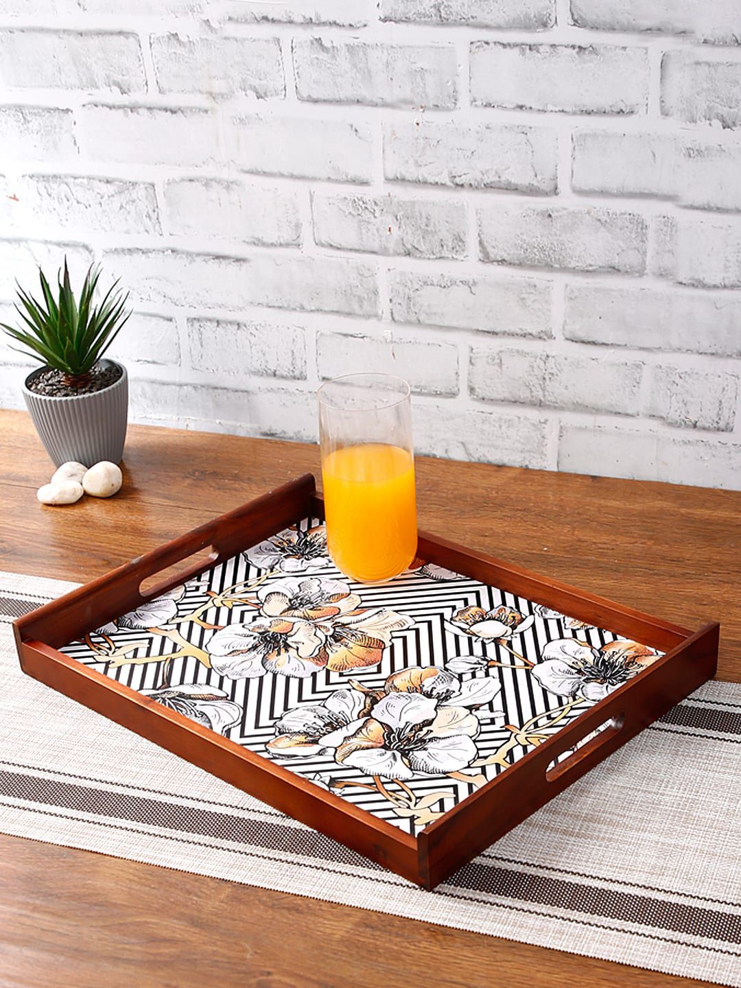 Reinvention Factory Brown & White Floral Digital Printed Thai Teak Wood Serving Tray Price in India