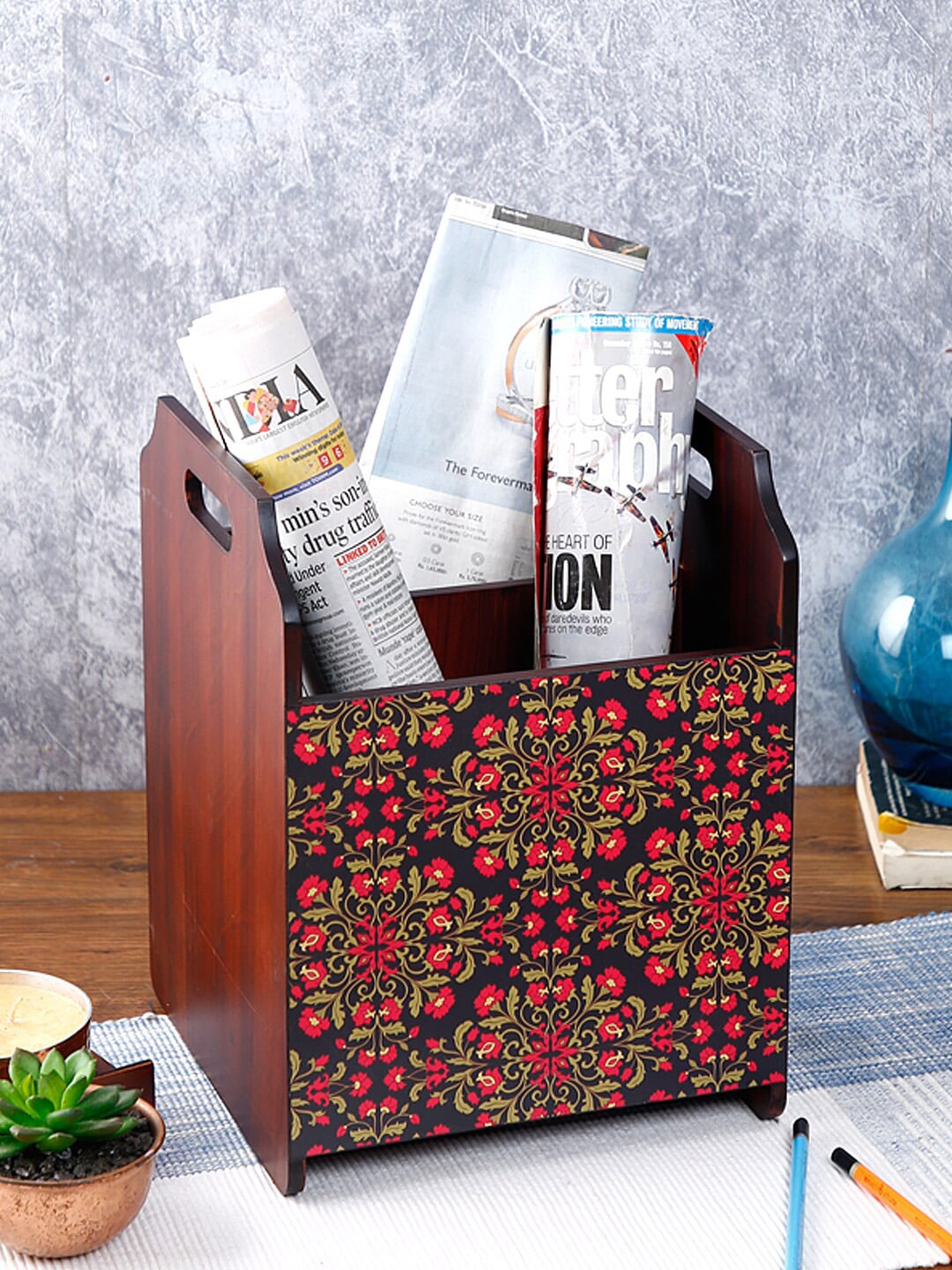 Reinvention Factory Brown & Red Digital Floral Ornament Printed MDF Wooden Rosewood Finish Magazine Holder Price in India