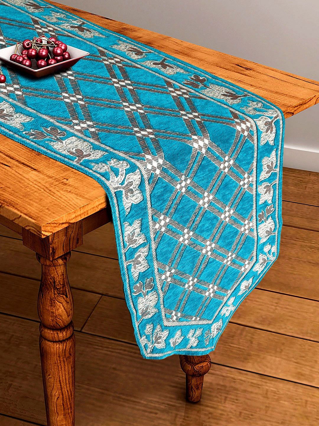 BELLA TRUE Turquoise Blue & Grey Printed Table Runner Price in India