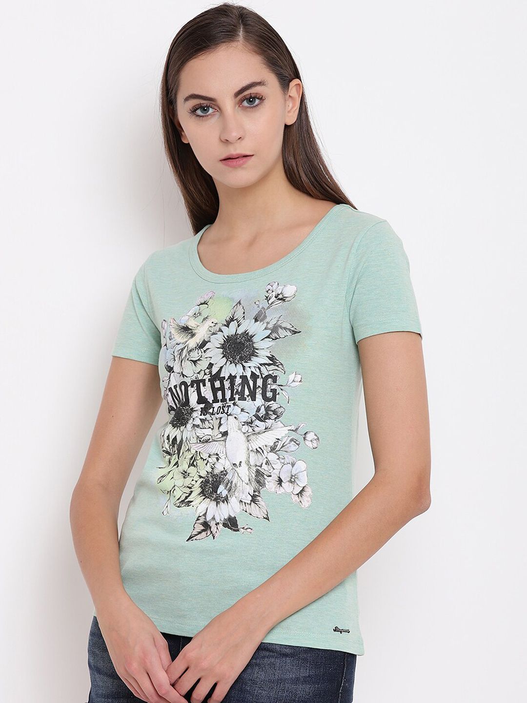 Miss Grace Women Sea Green Printed Round Neck T-shirt