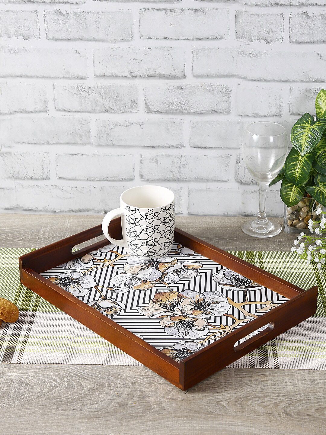 Reinvention Factory Brown & White Digital Printed Teak Wood Serving Tray Price in India