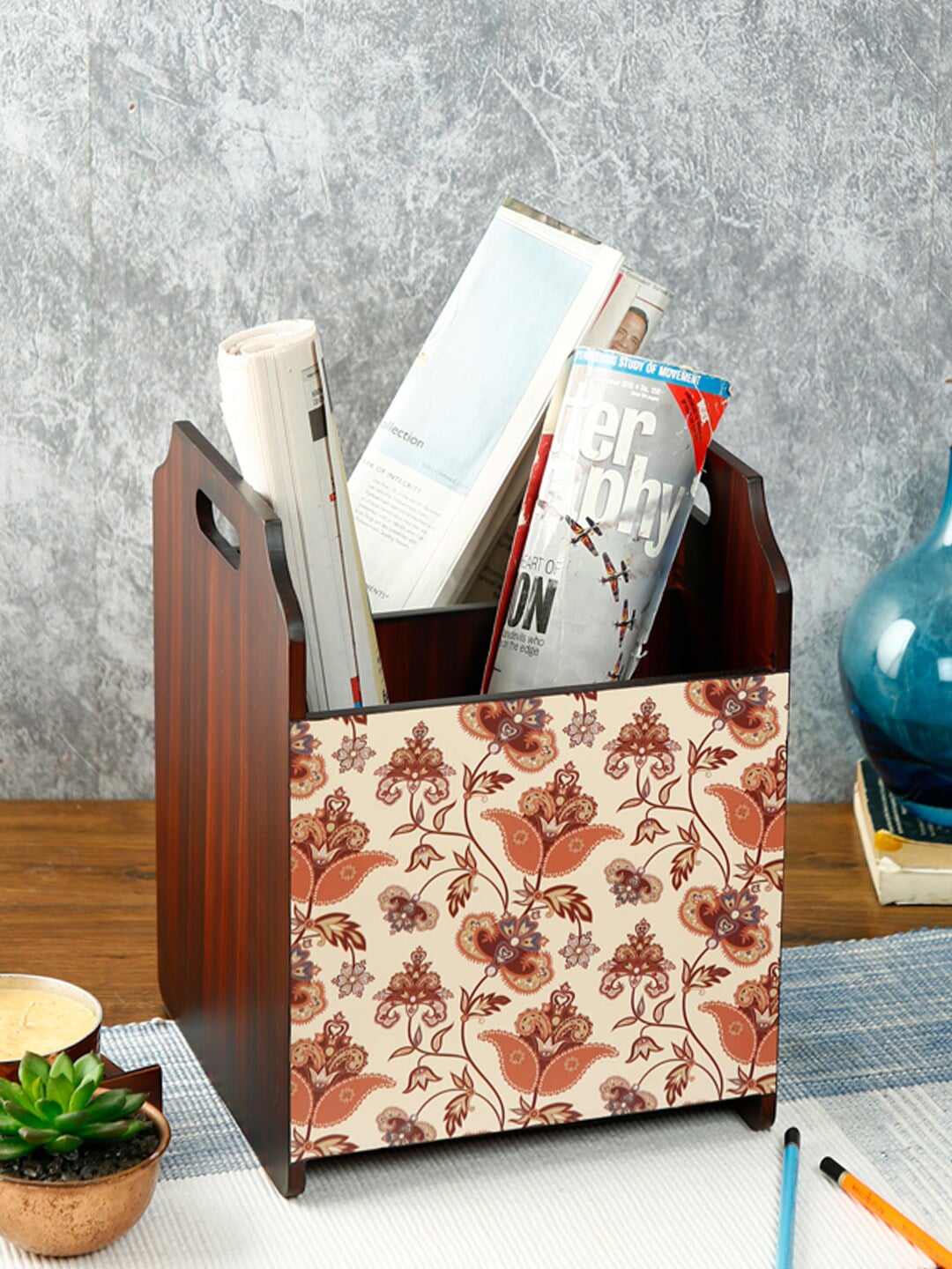Reinvention Factory Beige & Brown Digital Printed Rosewood Finish Magazine Holder Price in India
