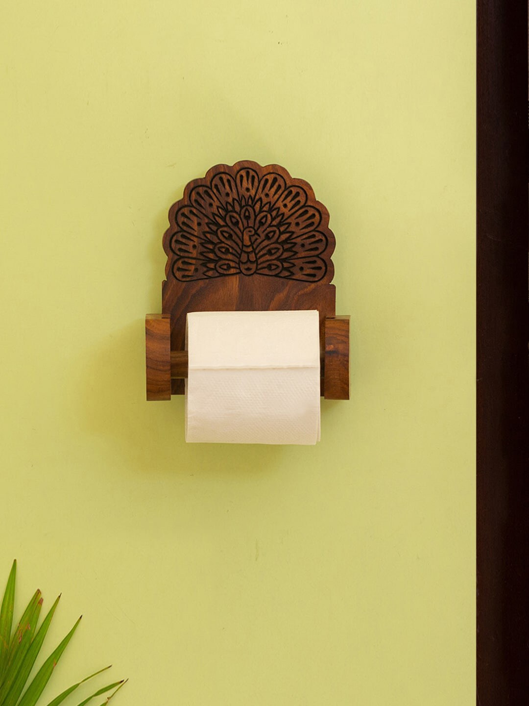 ExclusiveLane Brown Solid Sheesham Wooden Hand-Carved Toilet Roll Holder Price in India