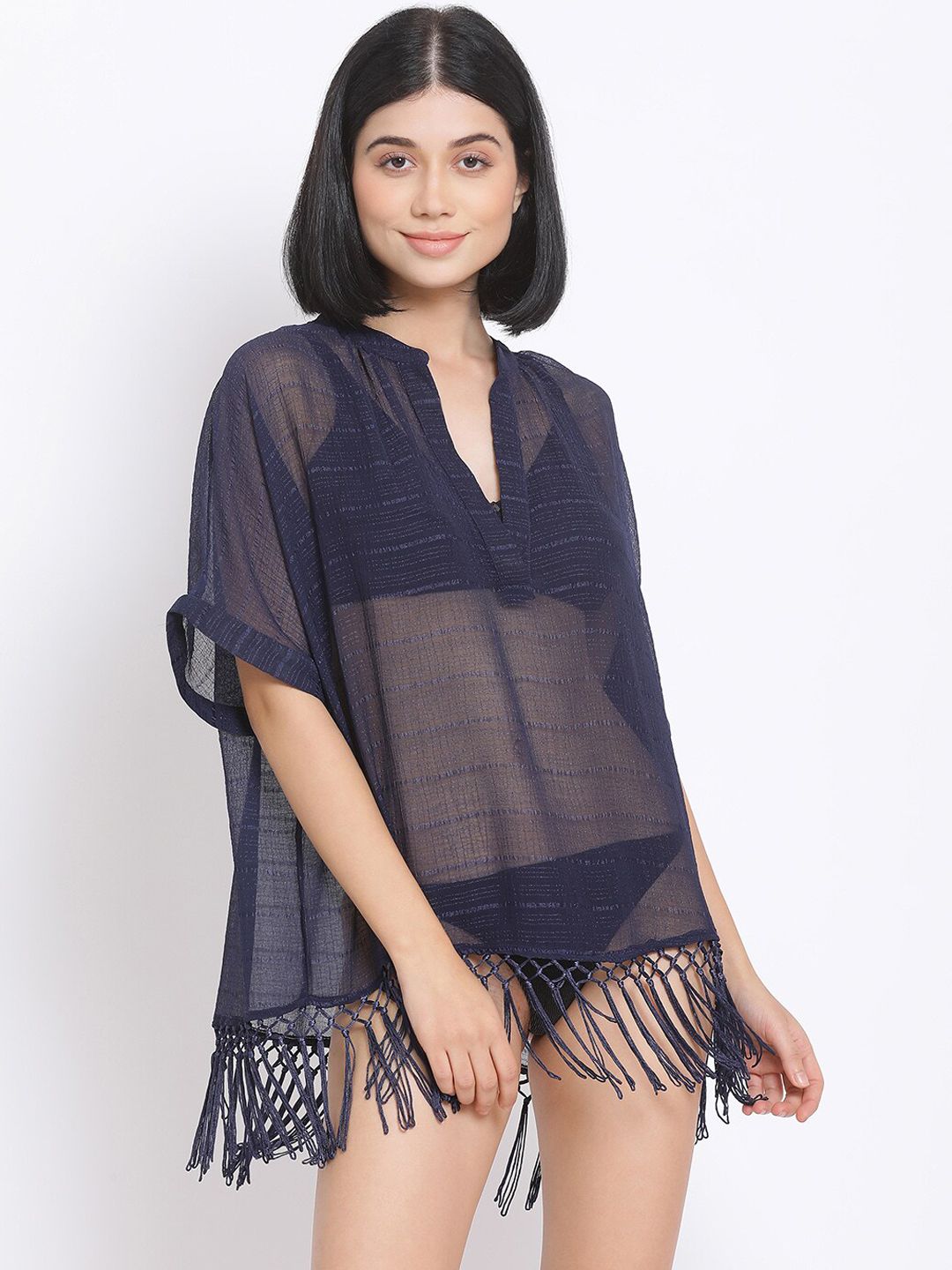 Oxolloxo Women Navy Blue Striped Beach Cover-Up Dress Price in India