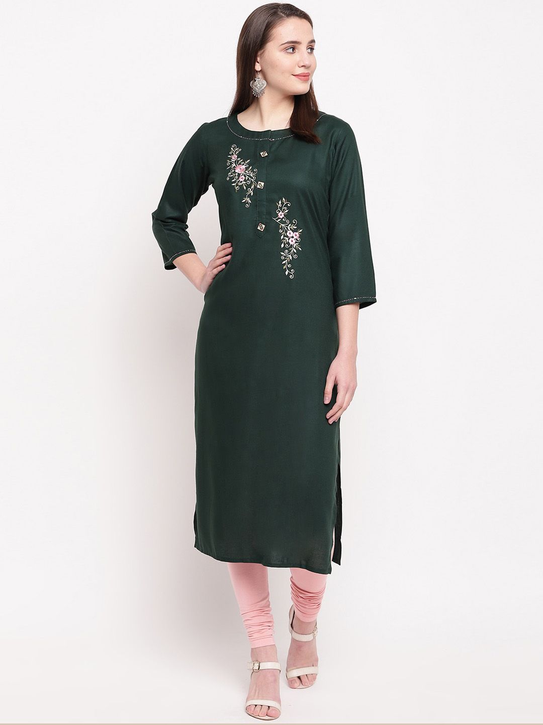 Vbuyz Women Green Thread Work Floral Kurta Price in India