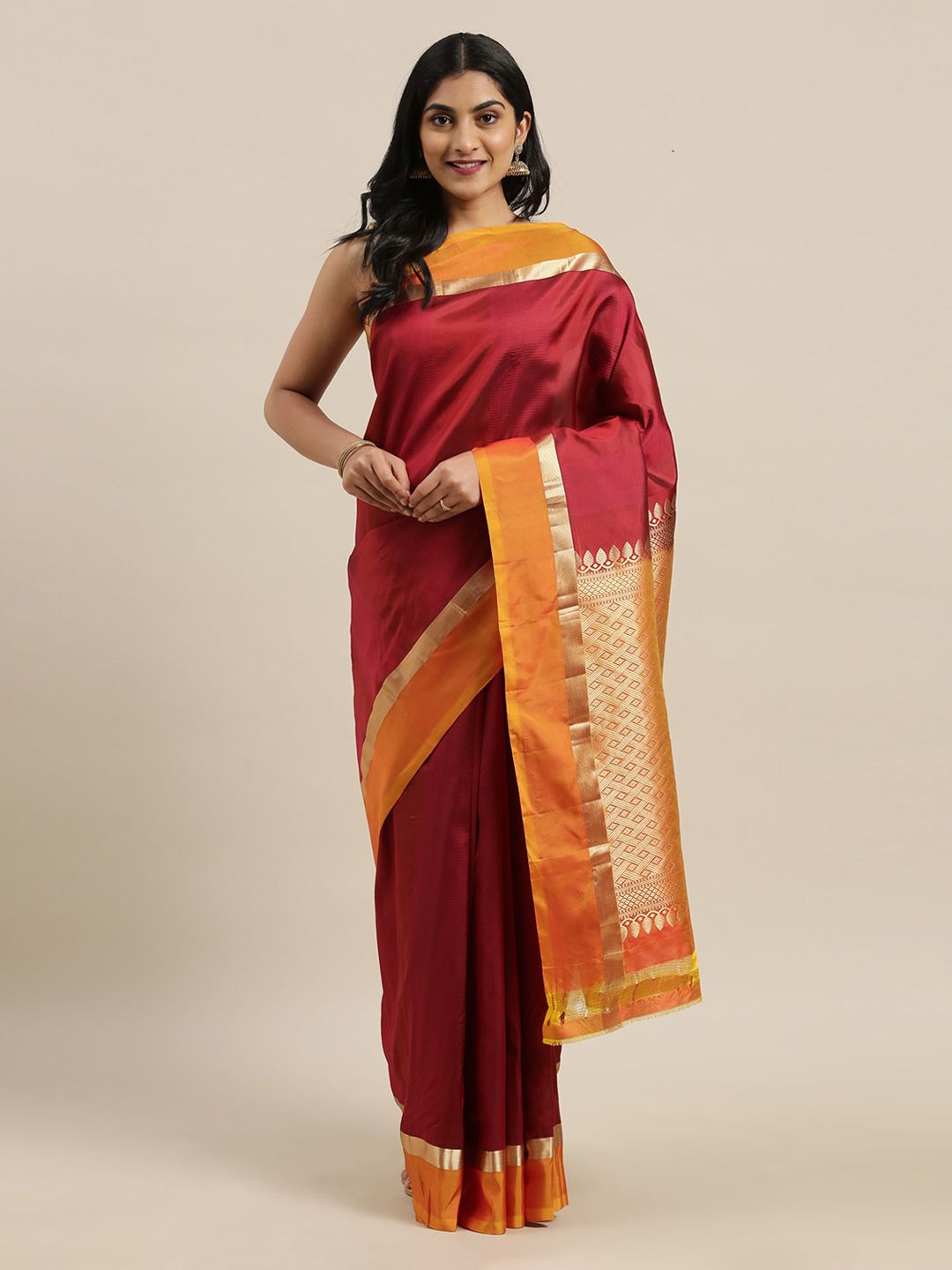 The Chennai Silks Maroon Pure Silk Solid Dharmavaram Saree