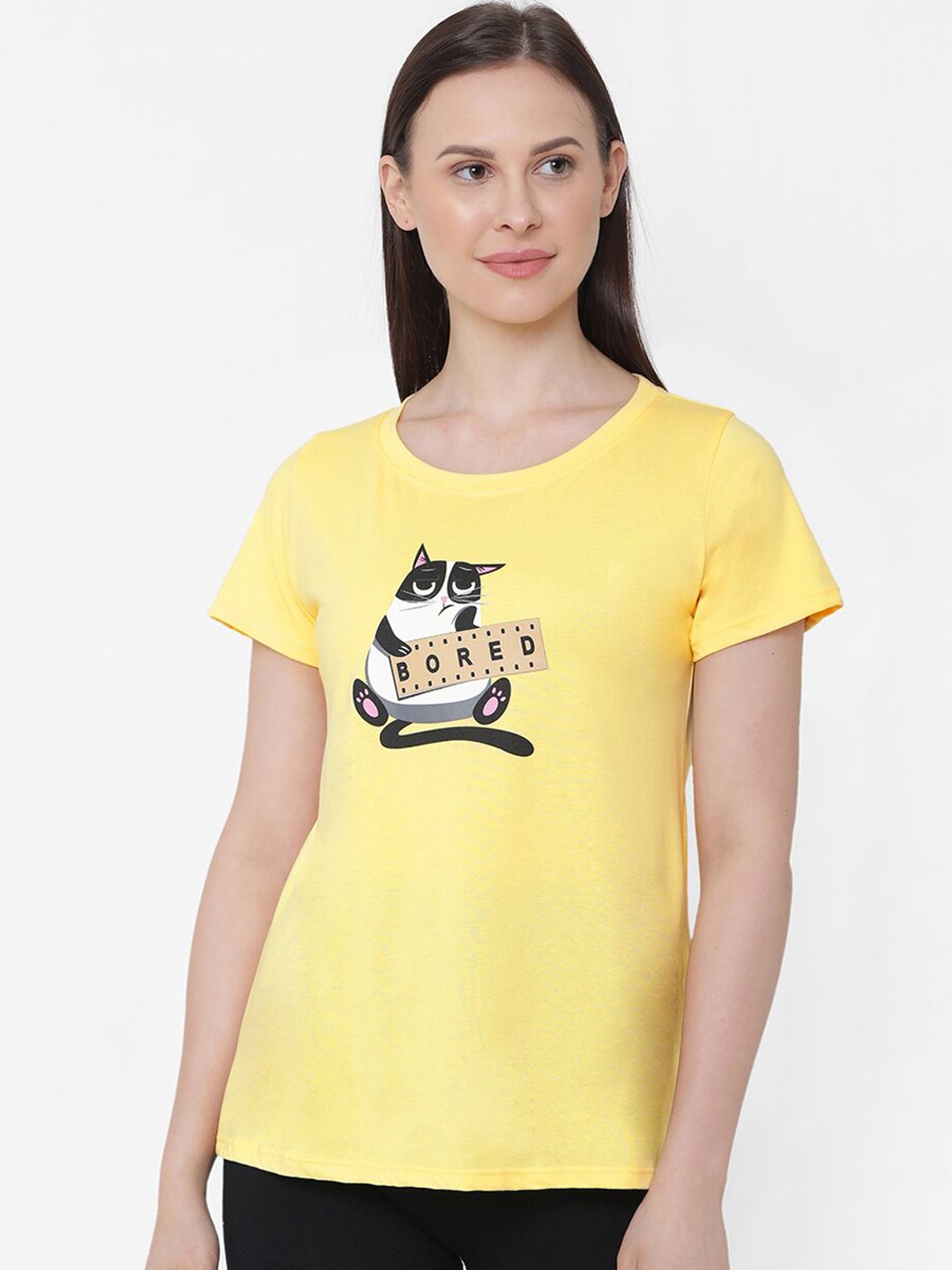 Soie Women Yellow & Black Solid Lounge T-Shirt Price in India