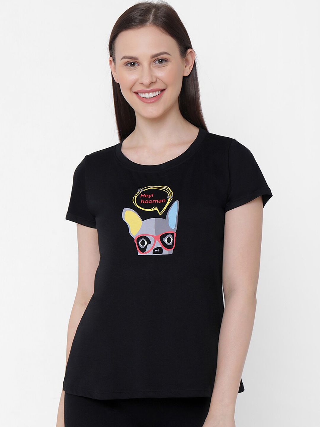 Soie Women Black & Yellow Printed Lounge T-shirt Price in India