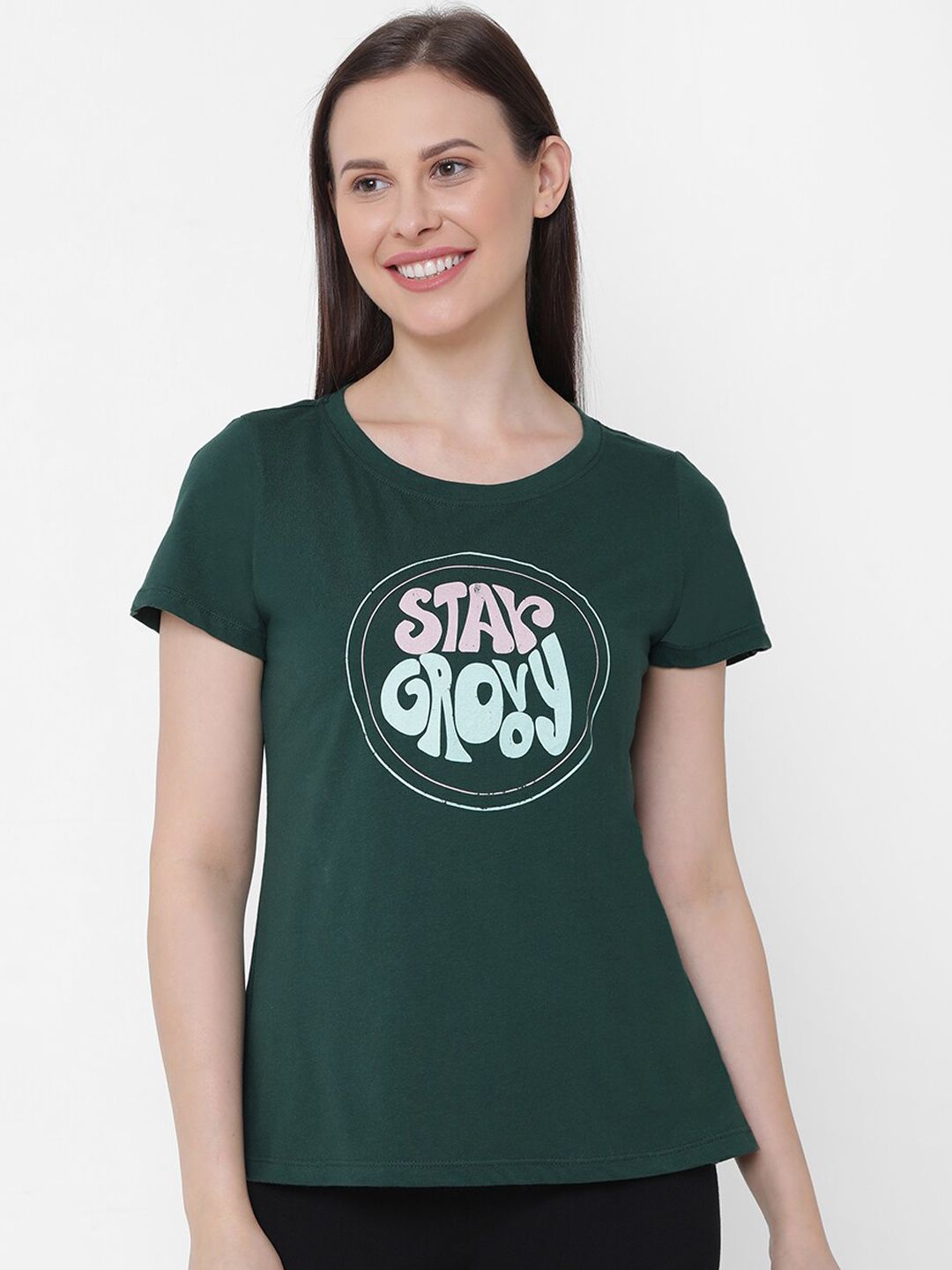 Soie Women Green Printed Soft Cotton Modal Lounge T-shirt Price in India