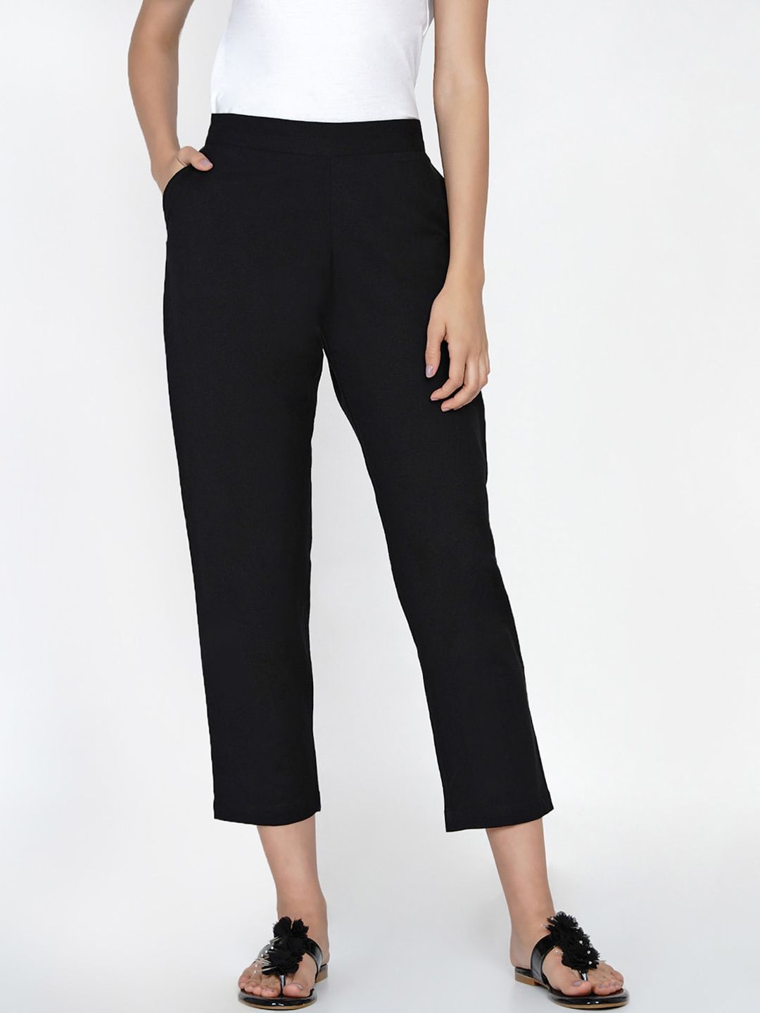 FABNEST Women Black Regular Fit Solid Regular Trousers Price in India