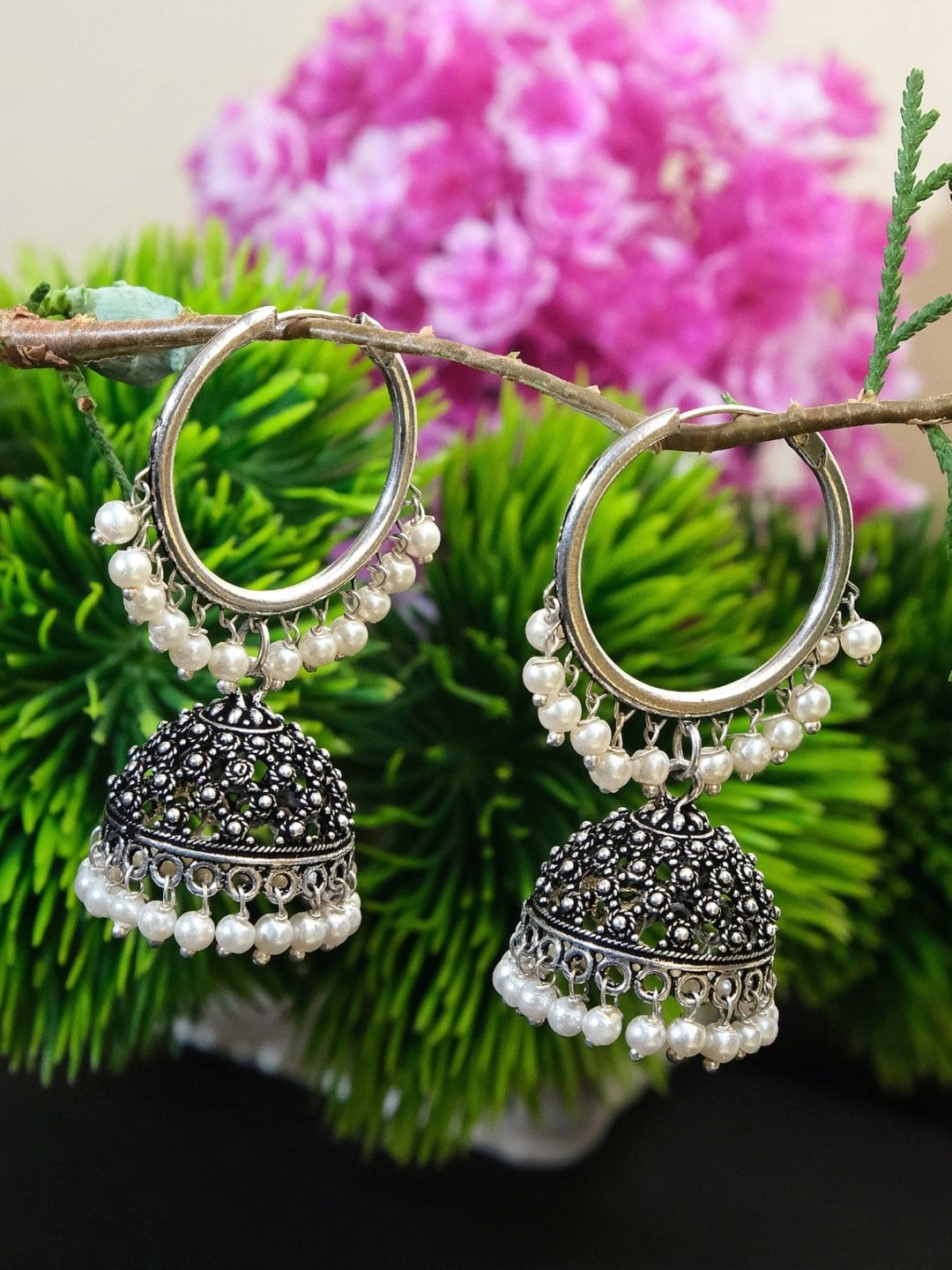 Crunchy Fashion Oxidized Silver-Plated White Beaded Handcrafted Dome Shaped Jhumkas Price in India