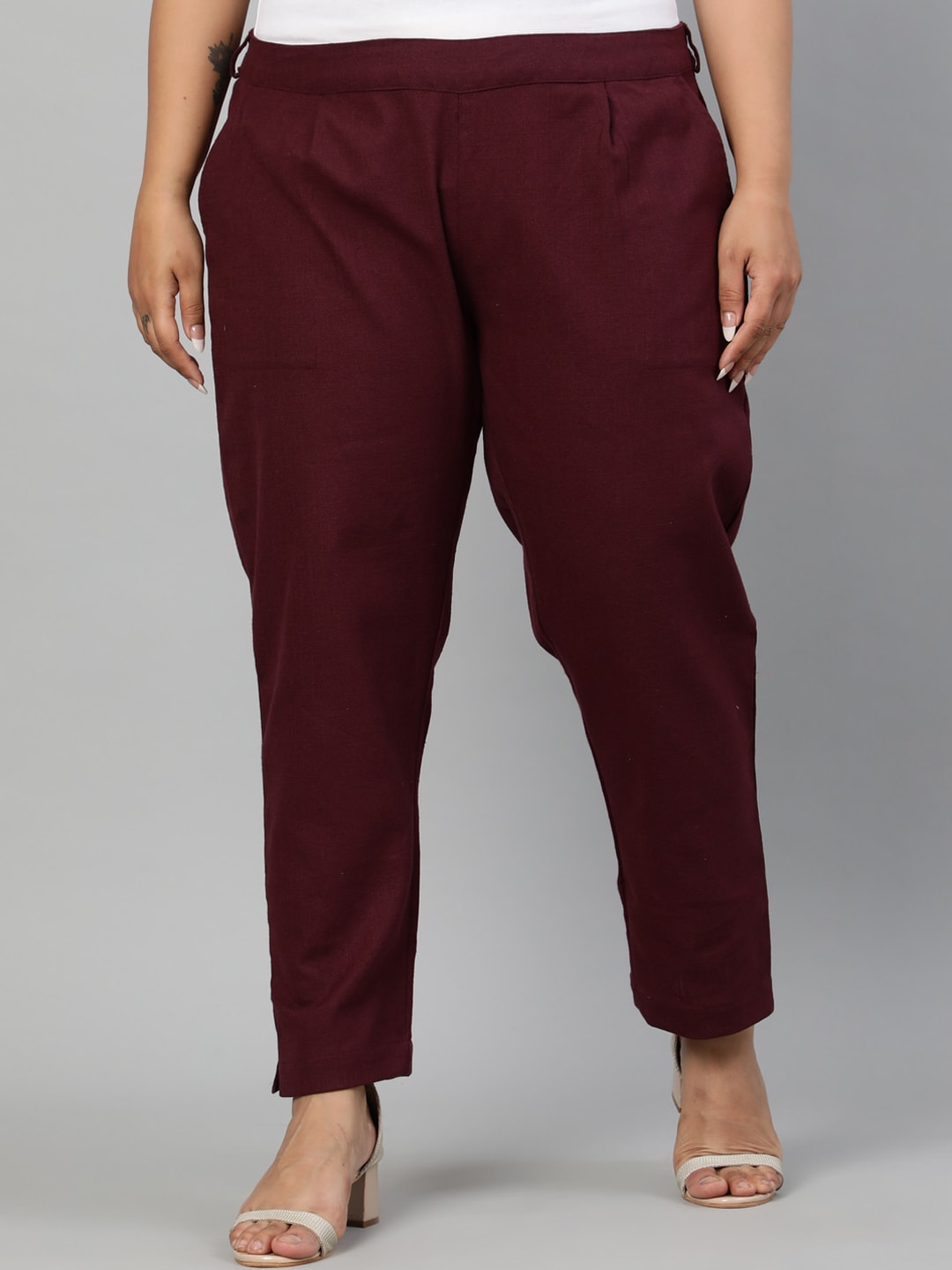 Jaipur Kurti Women Burgundy Regular Fit Solid Regular Trousers Price in India