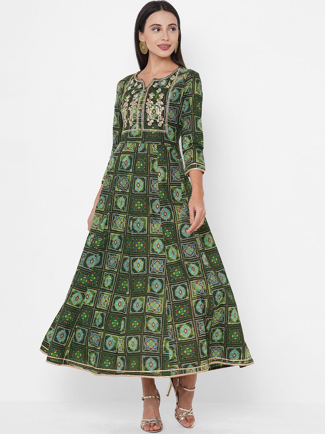 FASHOR Women Green & Beige Bandhani Printed Maxi Ethnic Dress With Embroidered Detail