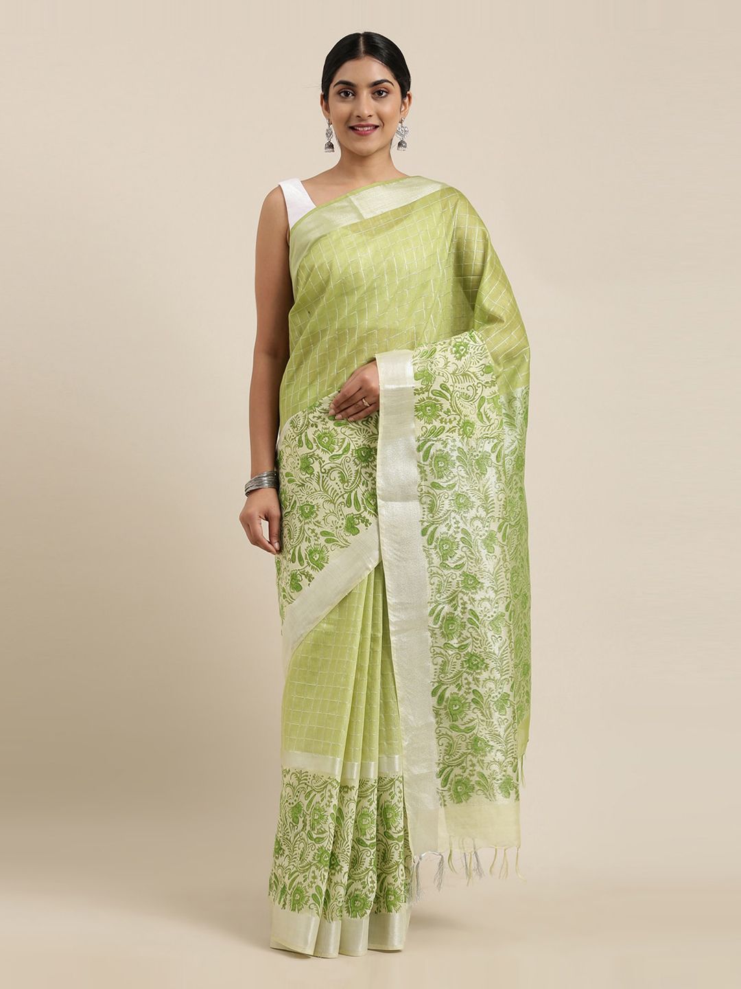 The Chennai Silks Green Checked Pure Cotton Saree