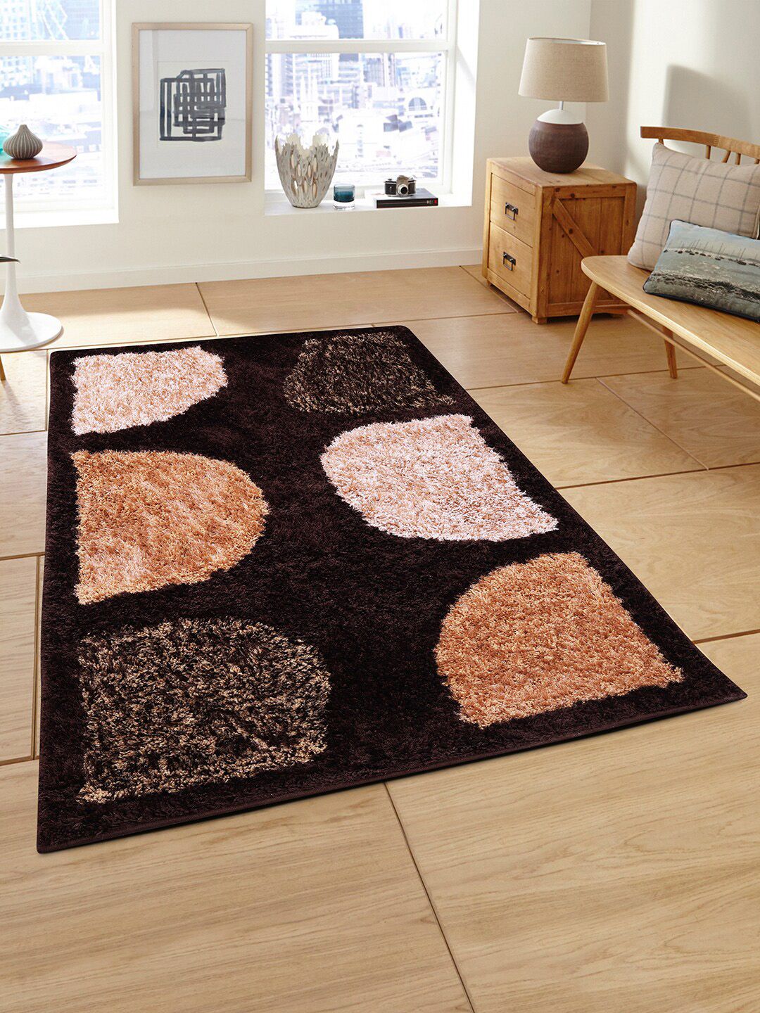 ROMEE Brown & Beige Geometric Printed Shaggy Floor Carpet Price in India