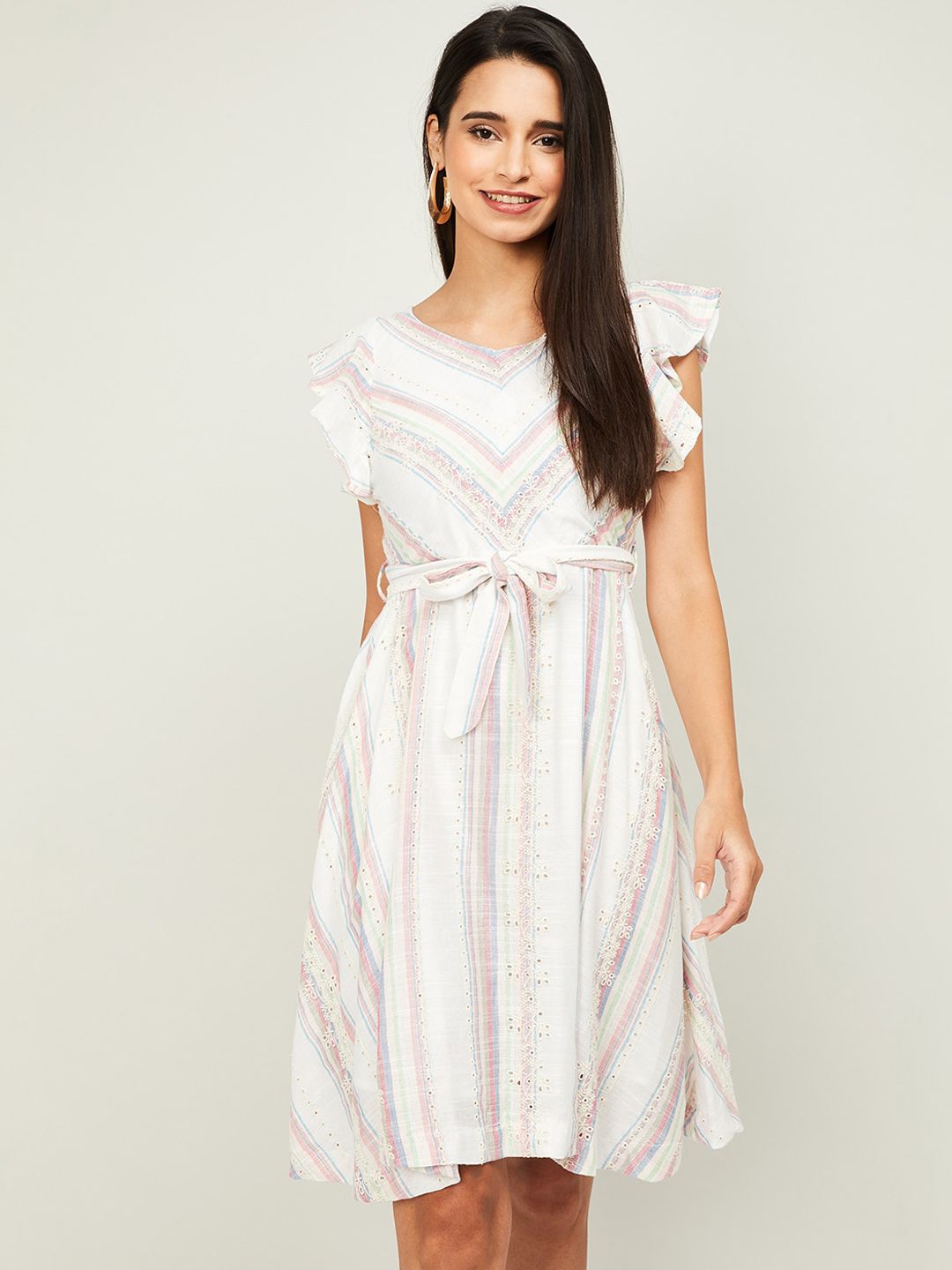 CODE by Lifestyle Women Cream-Coloured Striped Fit and Flare Dress