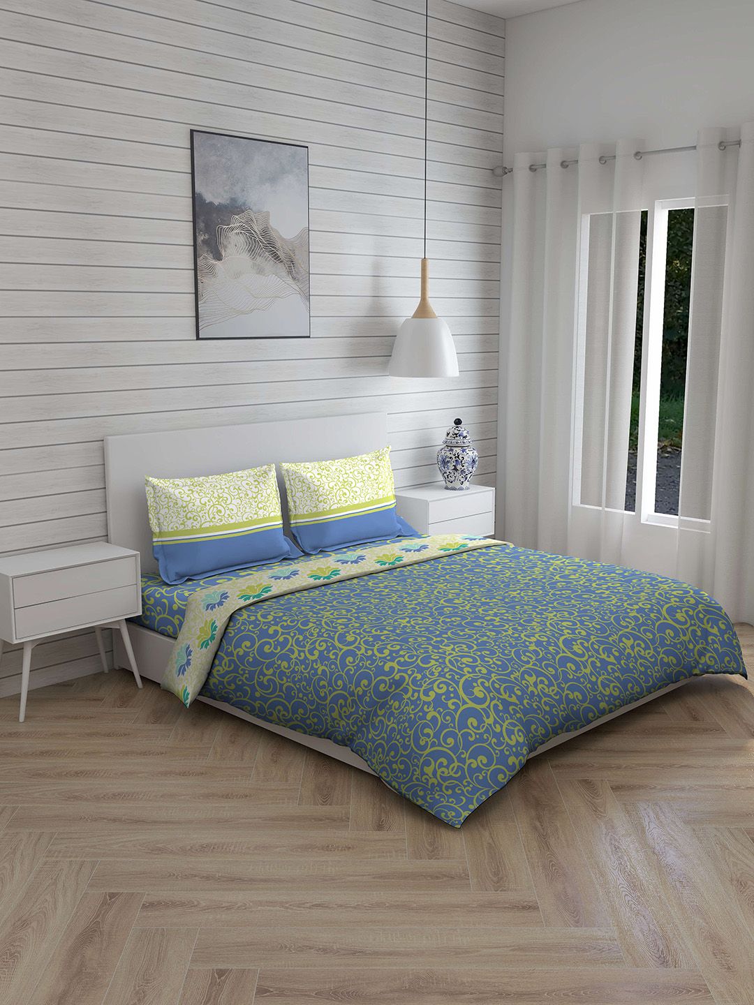 Layers Blue & Lime Green Printed 144 TC Double King Bedding Set With Comforter Price in India