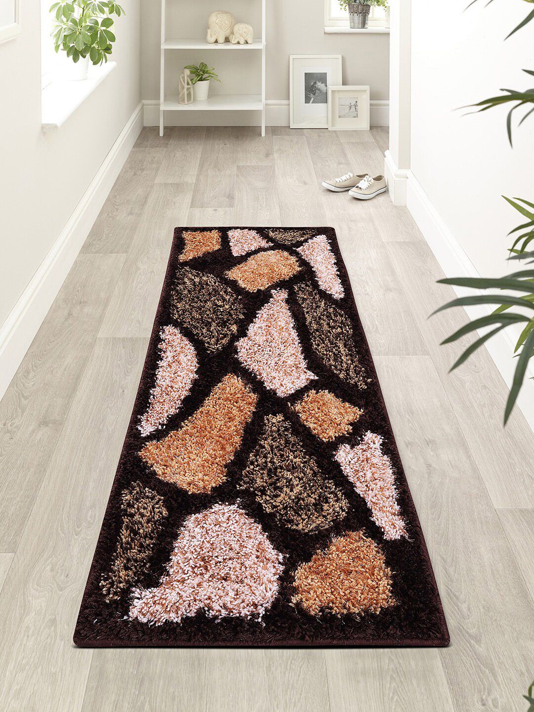 ROMEE Brown & Beige Geometric Shaggy Floor Runner Price in India